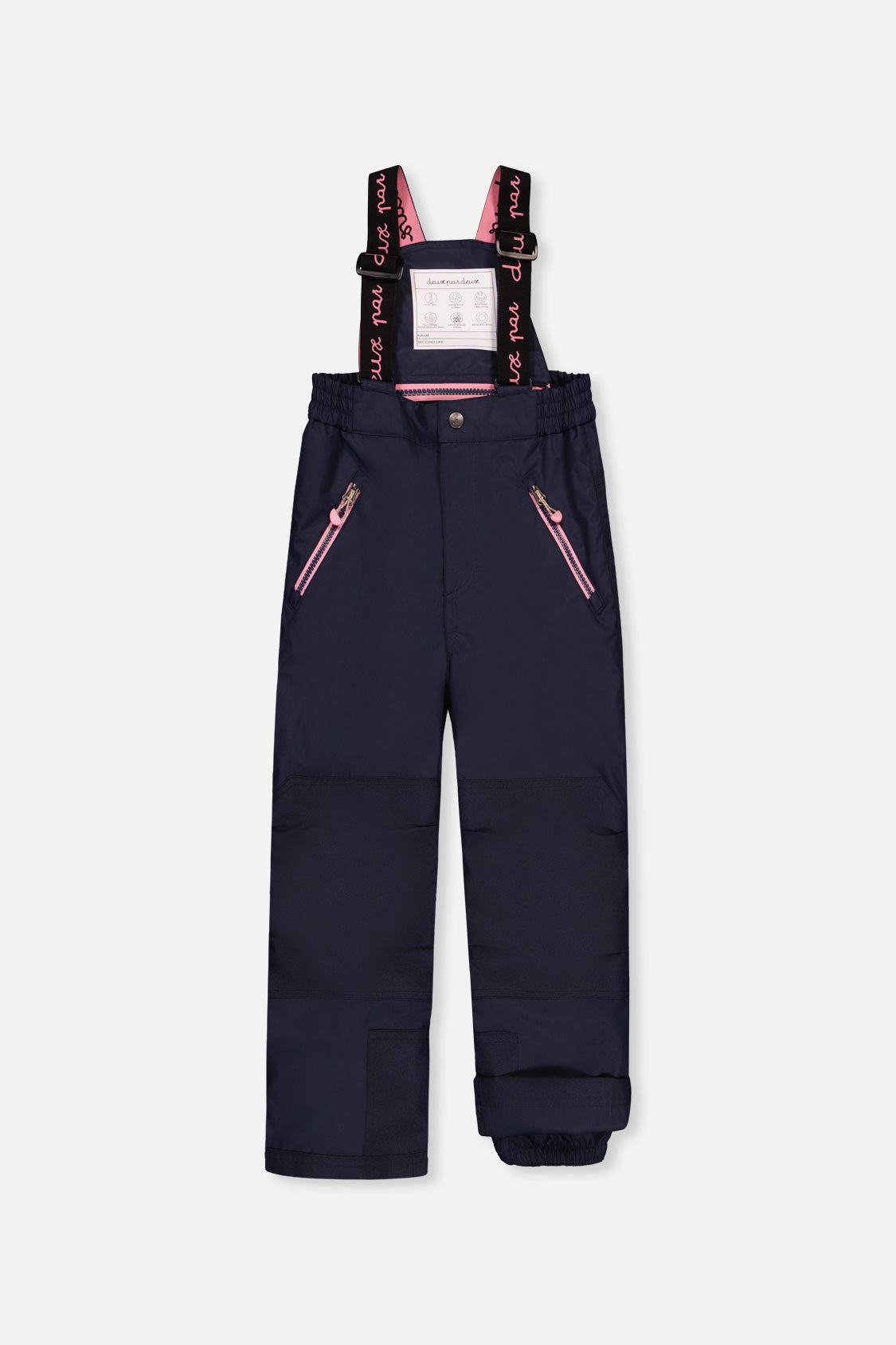 Navy PLAY snow bib pants with suspenders, front view