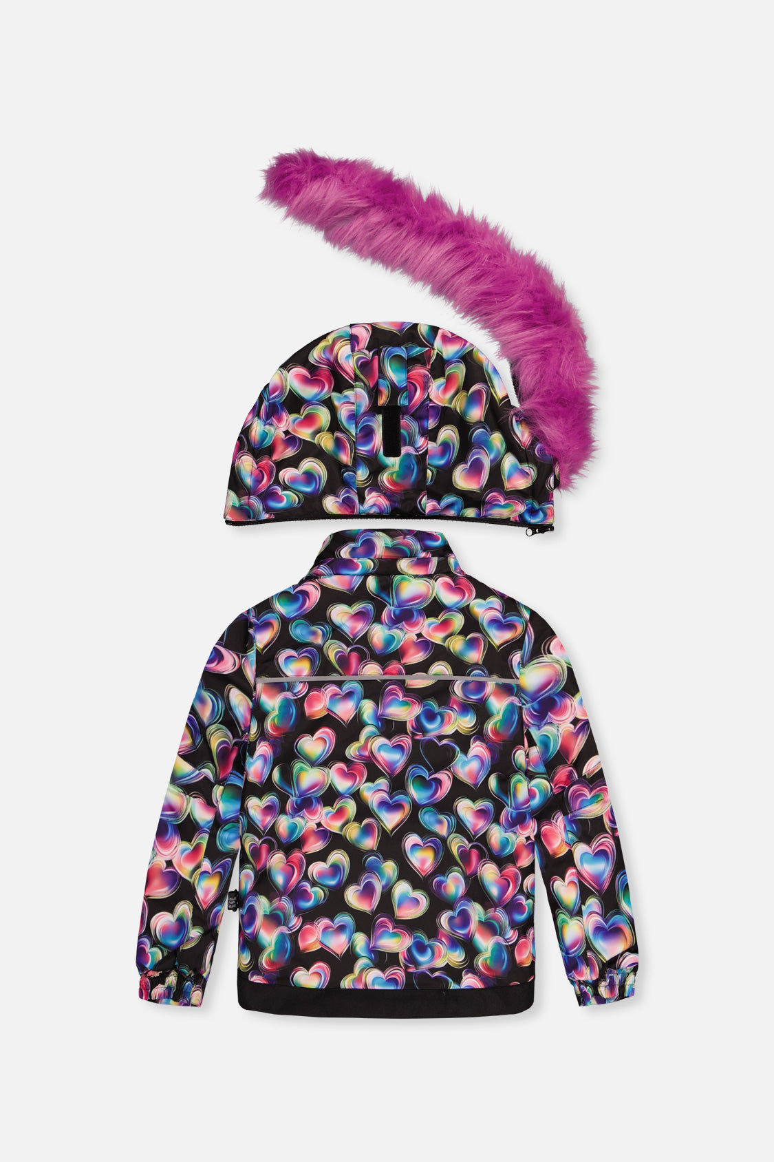 Deux par Deux black heart-print PLAY jacket, back view with pink faux-fur hood detached