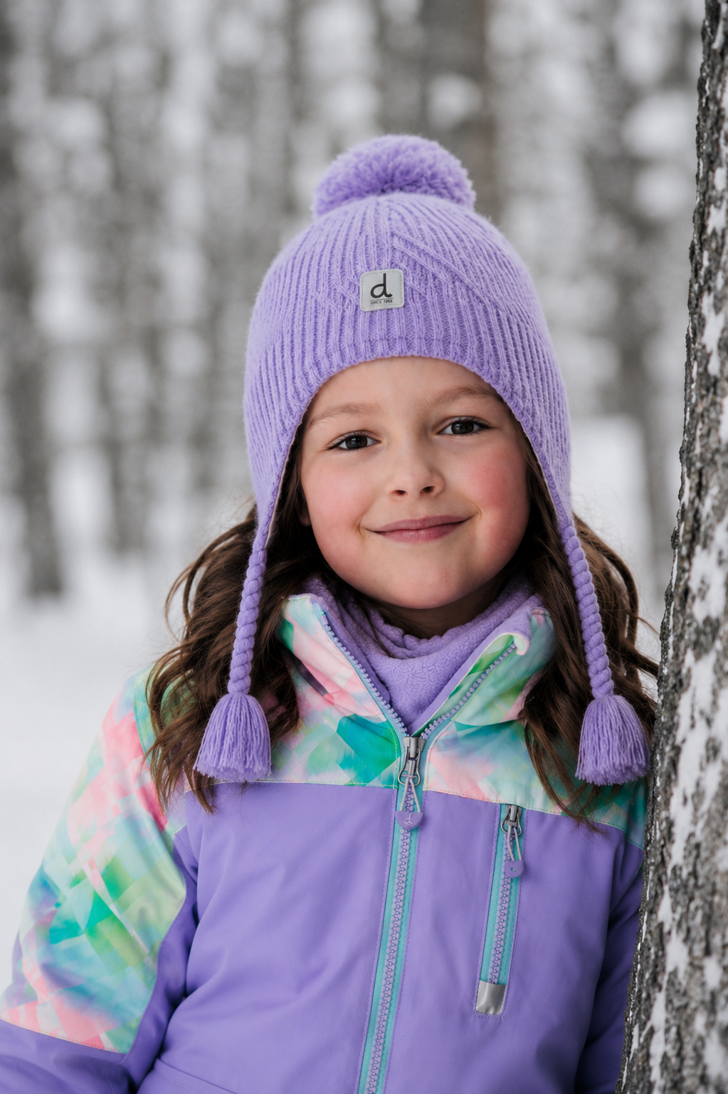 Child wearing the diamond-print Deux par Deux PLAY snowsuit, lifestyle view