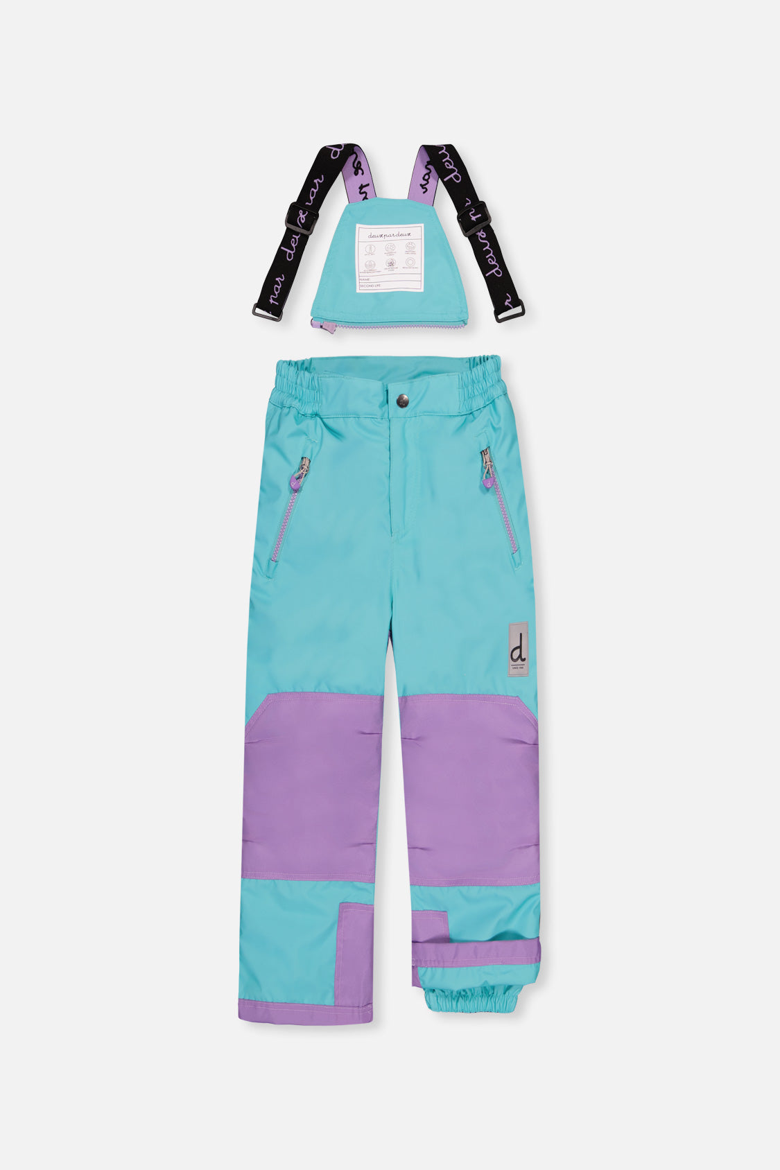 Deux par Deux girls' PLAY snowsuit with diamond-print jacket and turquoise and purple pants, another studio view
