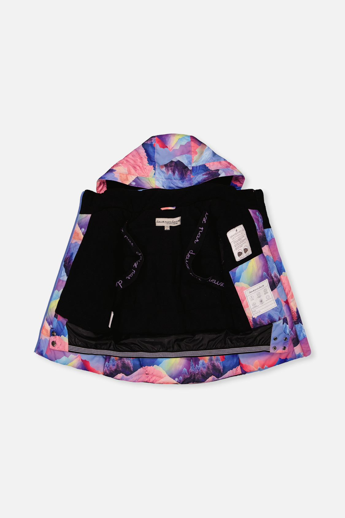 Deux par Deux girls' PLAY snowsuit with pink mountain-print jacket and black snow pants, additional angle