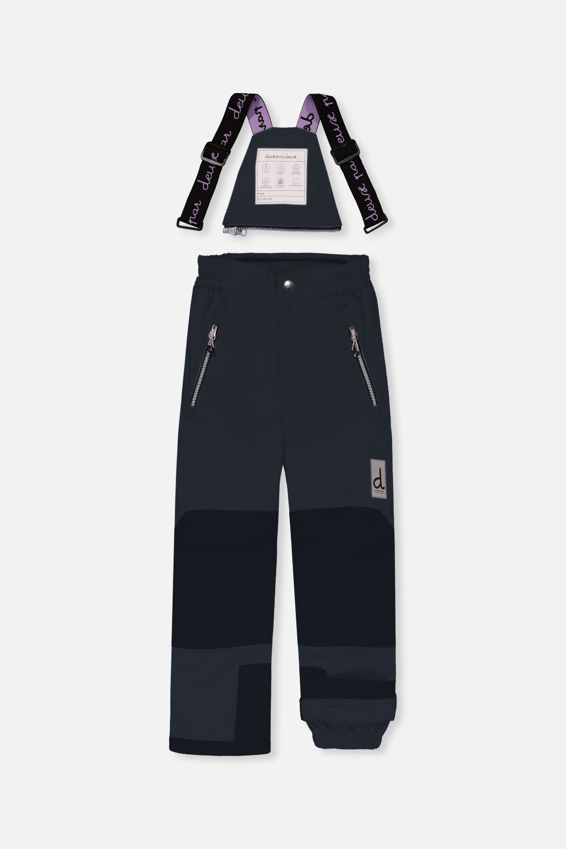 Deux par Deux girls' PLAY snowsuit with pink mountain-print jacket and black snow pants, another studio view