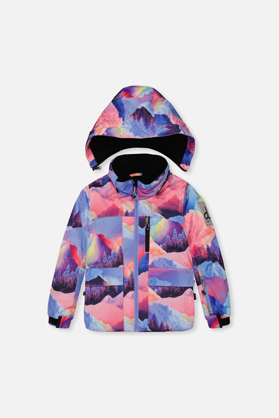 Deux par Deux girls' PLAY snowsuit with pink mountain-print jacket and blue snow pants, back view
