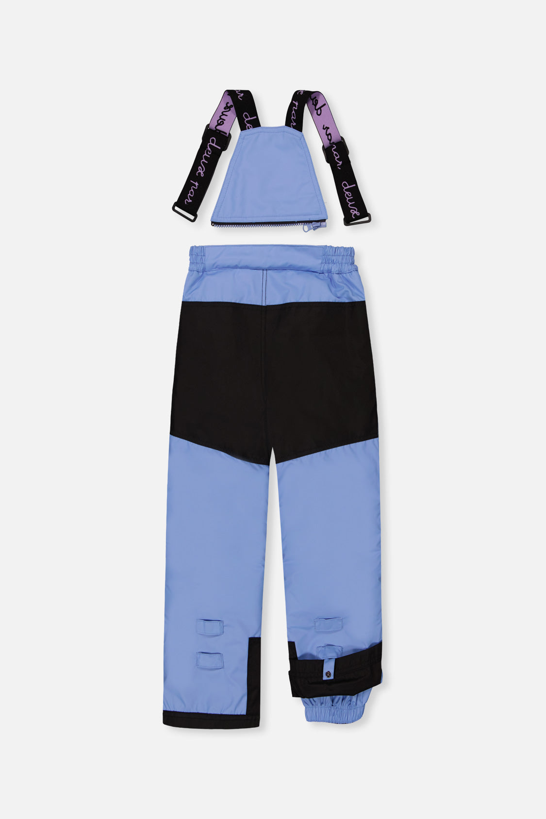 Deux par Deux girls' PLAY snowsuit with pink mountain-print jacket and blue snow pants, alternate angle