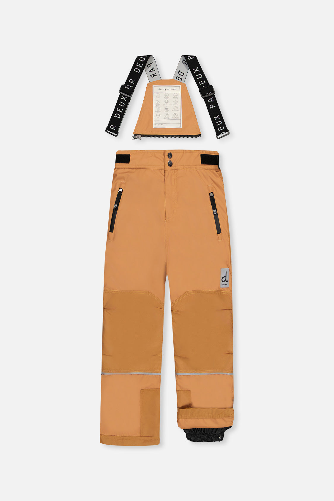 Tan TEKNIK snow pants with suspenders and reinforced knees, front view