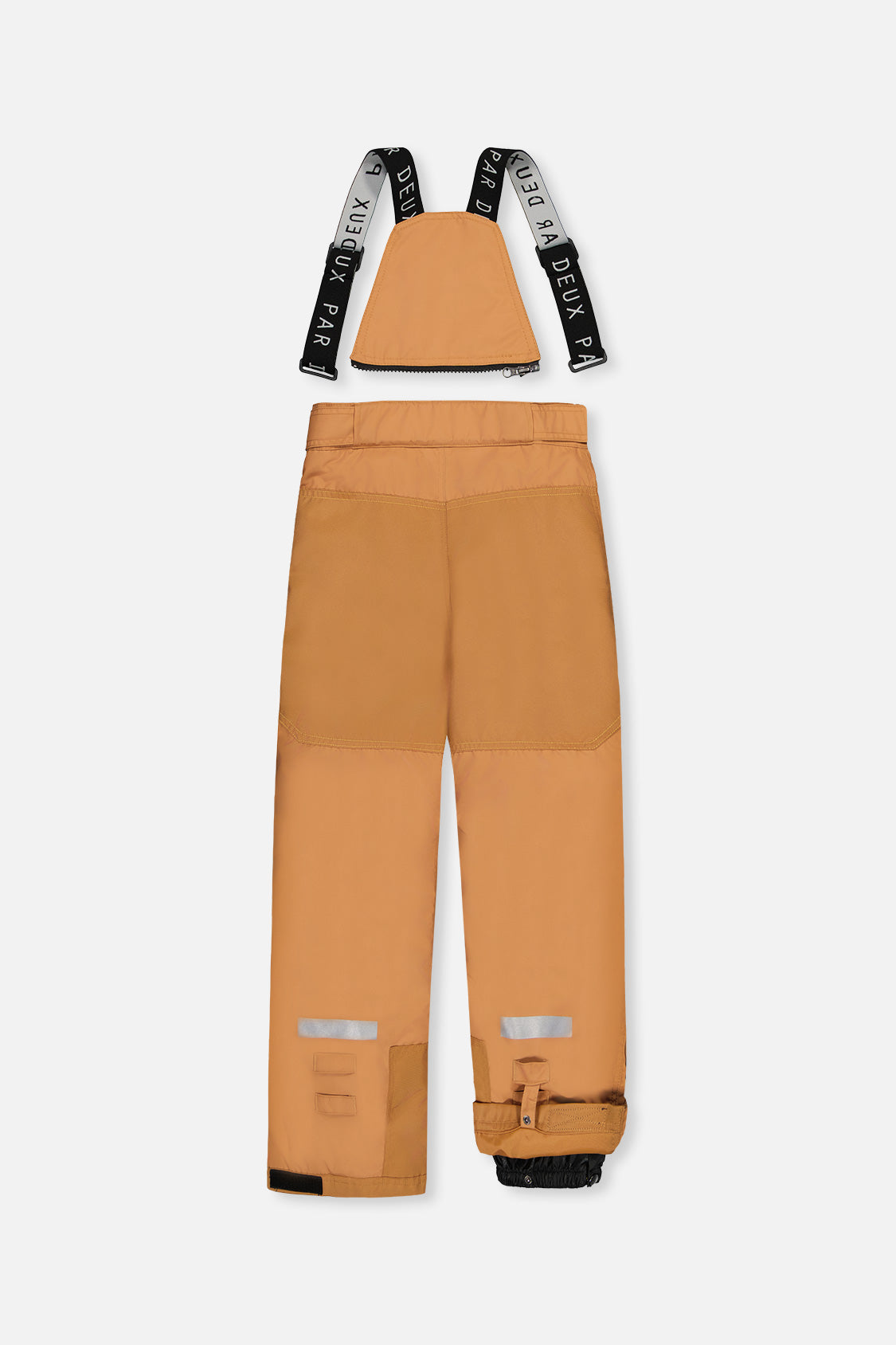 Back of the tan snow pants with suspenders and reinforced seat