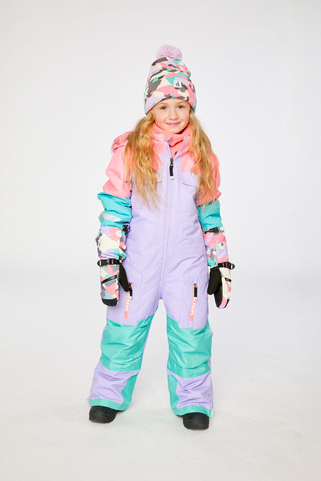 Kids One Piece Teknik Snowsuit Lavender Turquoise And Orange-1