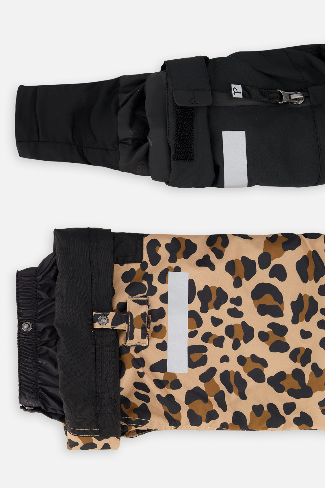 Deux par Deux girls' Teknik two-piece snowsuit, black jacket with leopard print pants – sleeve cuff and pant hem details
