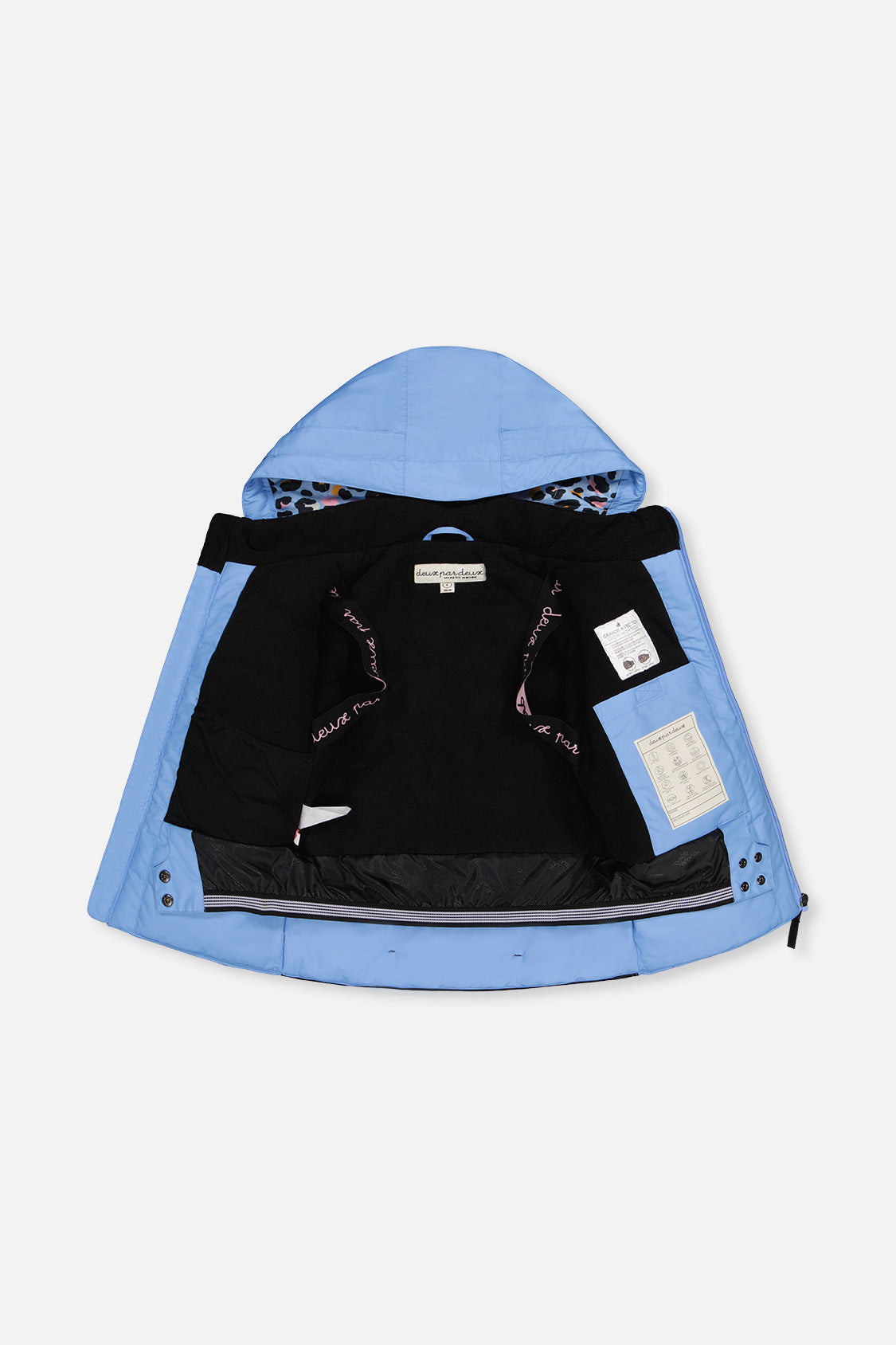 Blue-violet TEKNIK jacket opened to show the fleece lining, inner straps and pocket