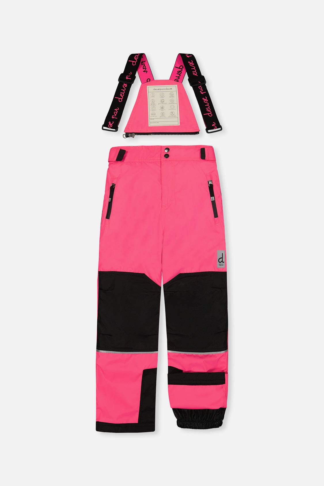 Bright pink TEKNIK snow pants with suspenders and black knee panels, front view