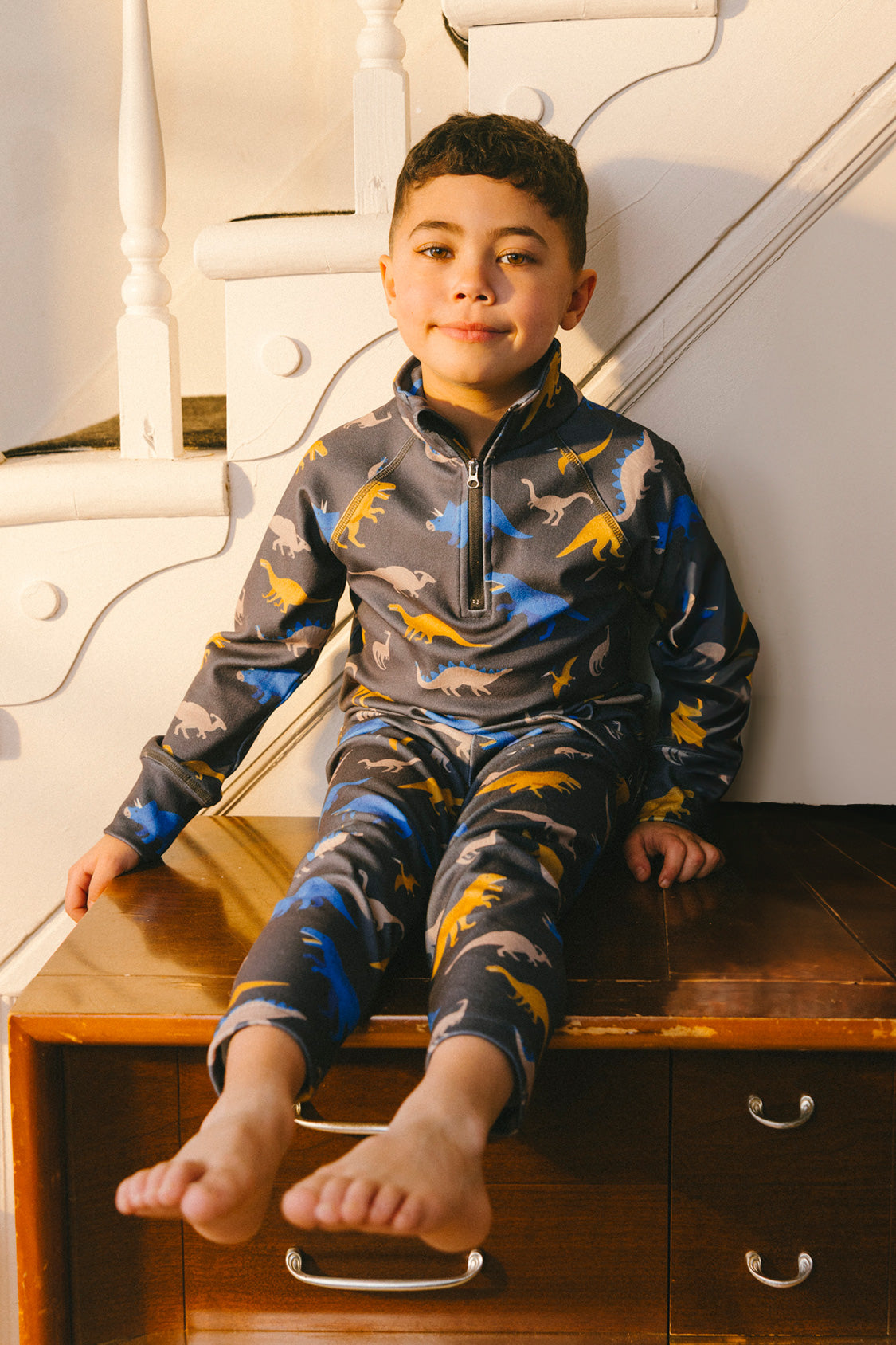 Two Piece Thermal Underwear Grey And Blue Dinosaur Print-1