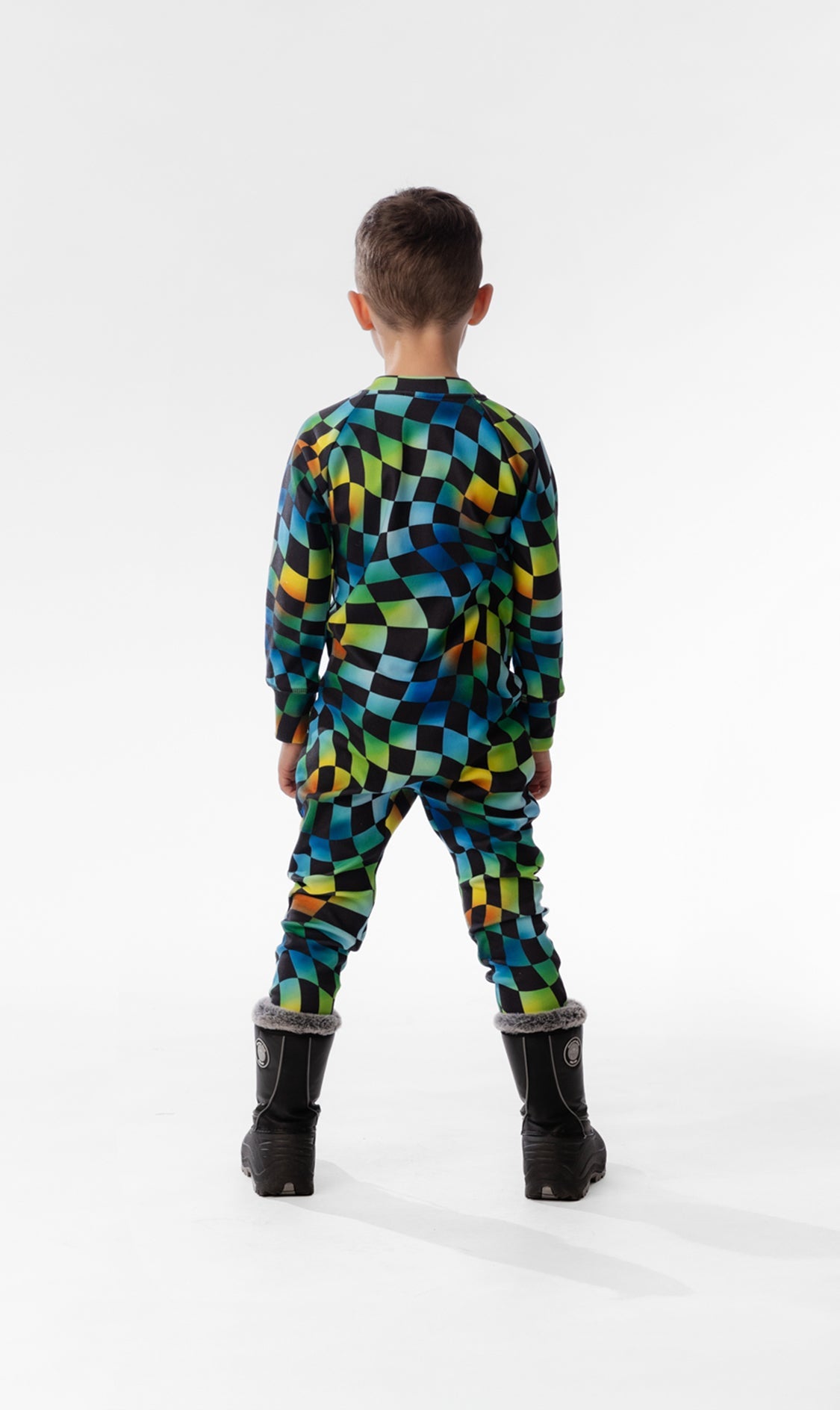 One Piece Thermal Underwear Blue Checkered Print-3