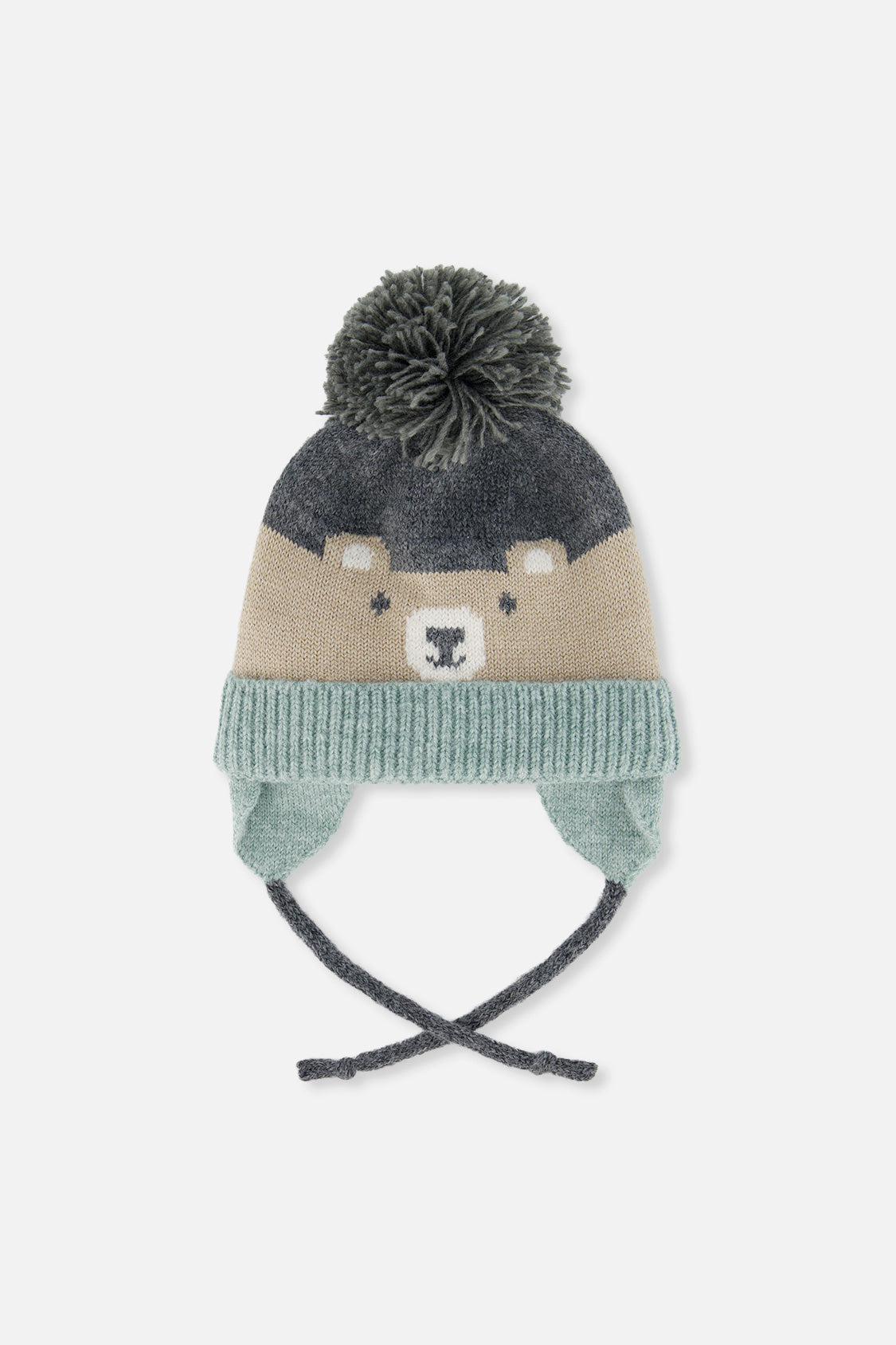 Winter Knit Hat With Teddy Bear Face And Ears Beige And Turquoise-0