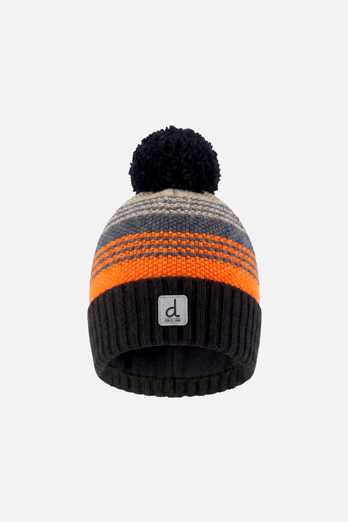 Winter Knit Hat With Pompom Grey And Orange Stripes-0