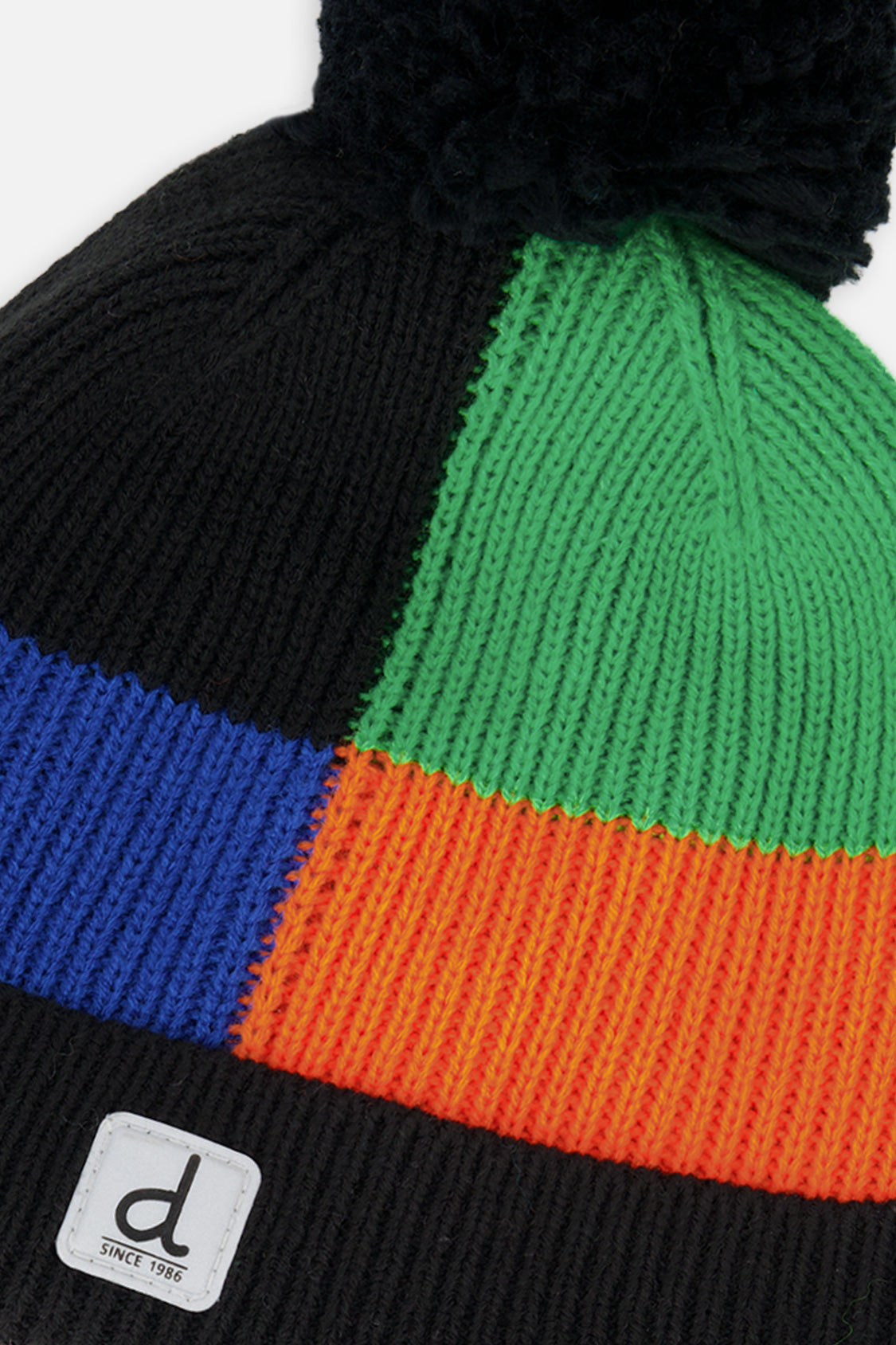 Winter Knit Hat With Pompom Black, Blue, Green And Orange Tiles-3