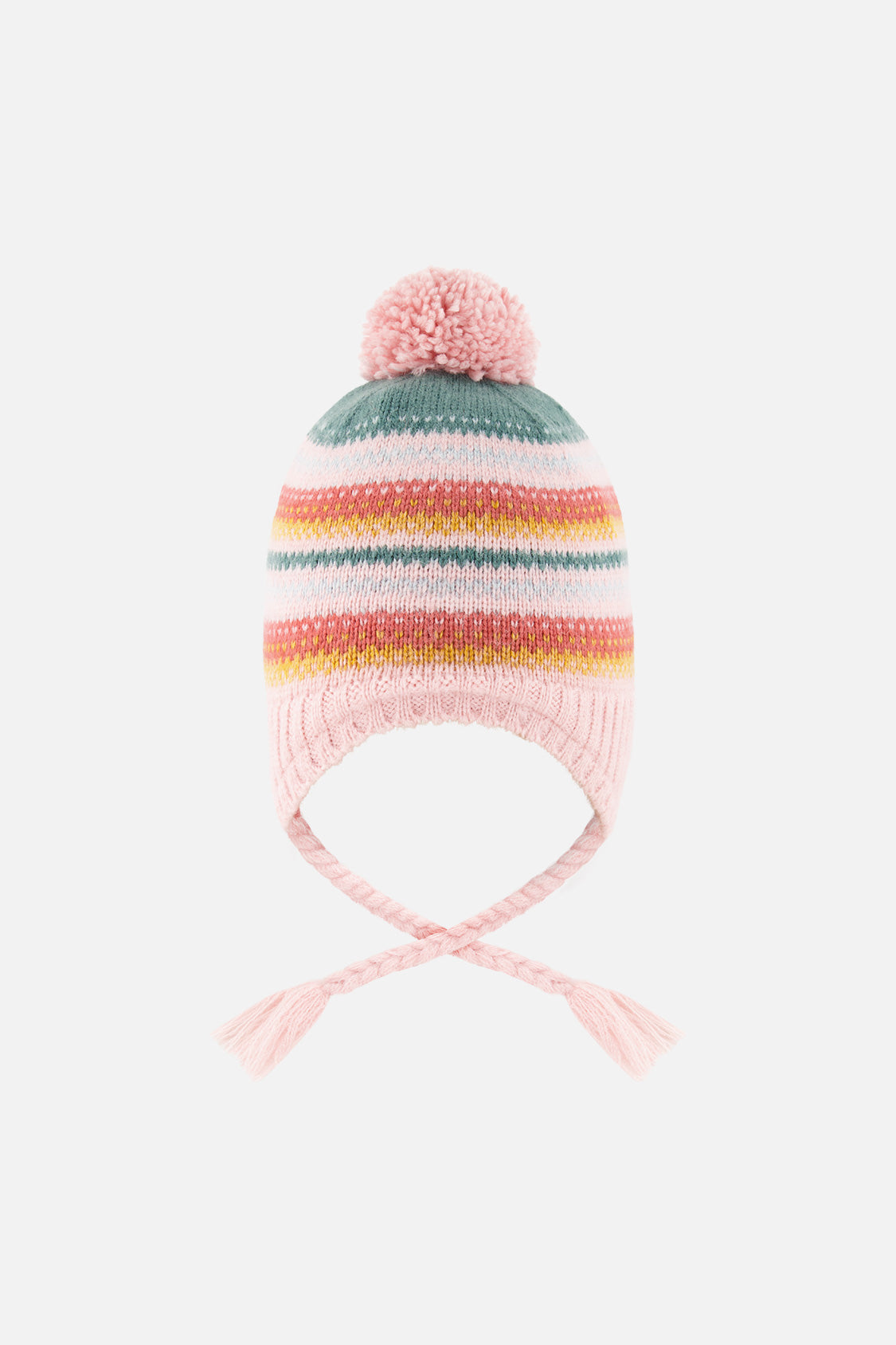 Winter Peruvian Knit Hat With Pompom Pink And Green Jacquard-2