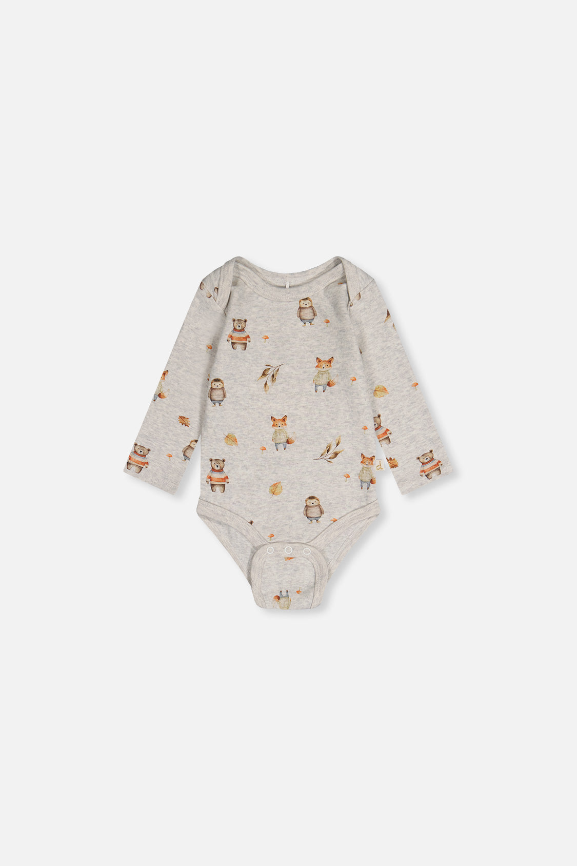 Beige long sleeve baby bodysuit with an allover forest animal print, second angle