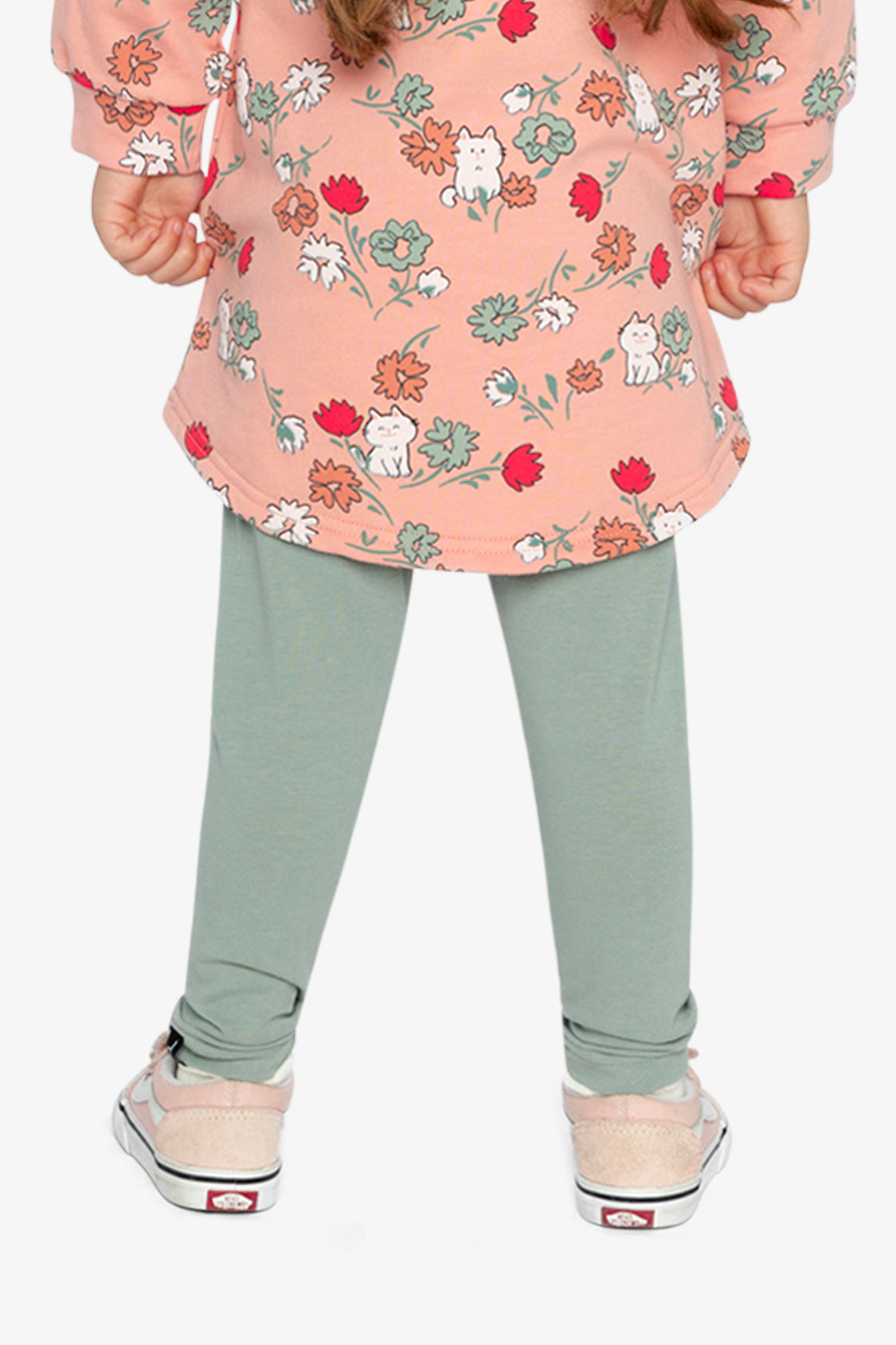 Child wearing the Deux par Deux sage green leggings, back view