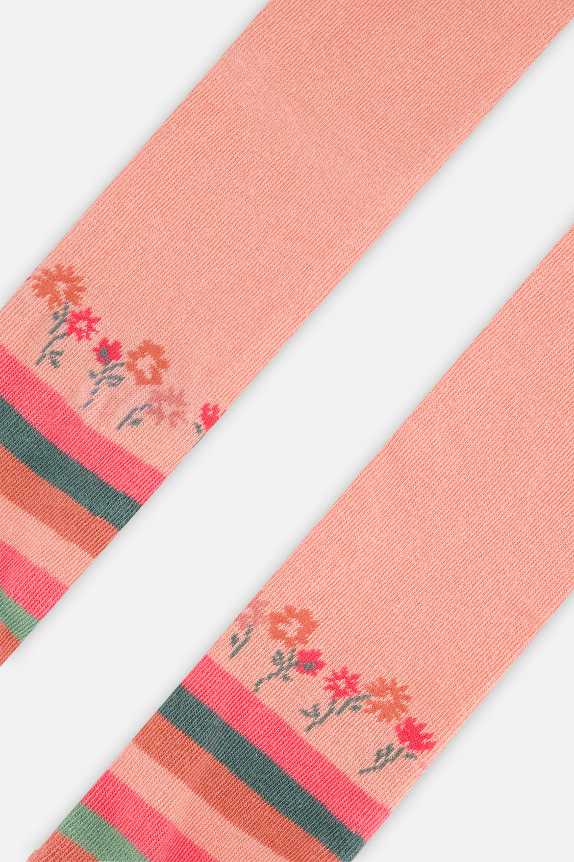 Close-up of the flower row and peach-pink and green stripes on the knit tights