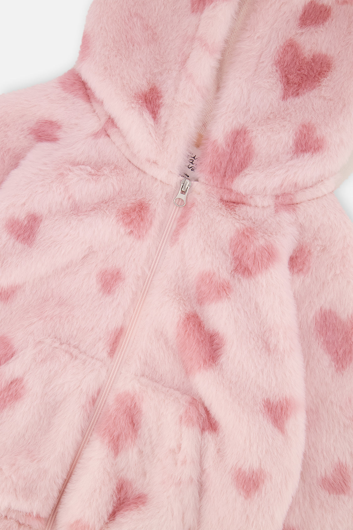 Deux par Deux pale pink heart faux fur hooded jacket, second alternate view