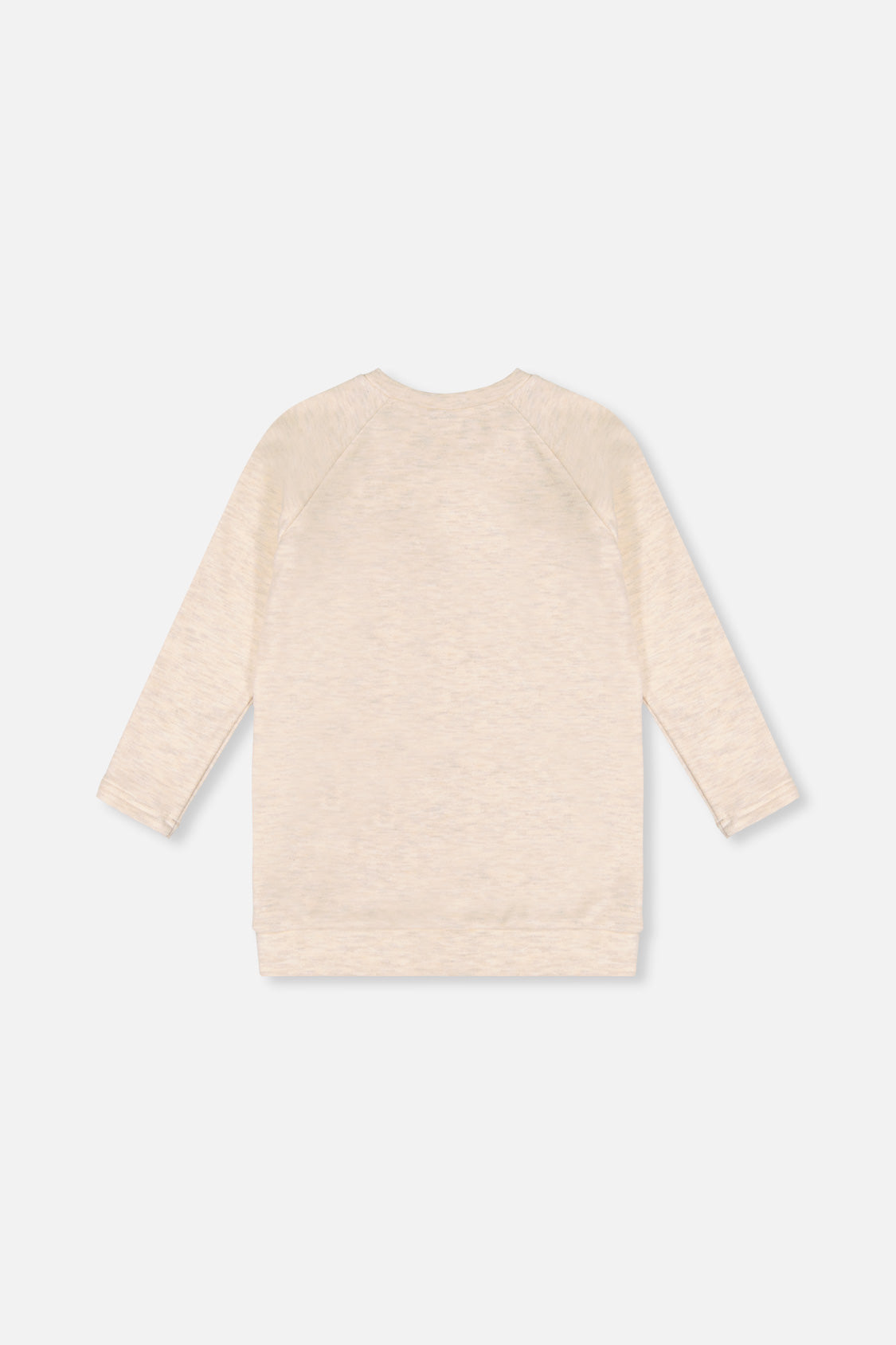Back view of the beige tunic with long raglan sleeves, laid flat