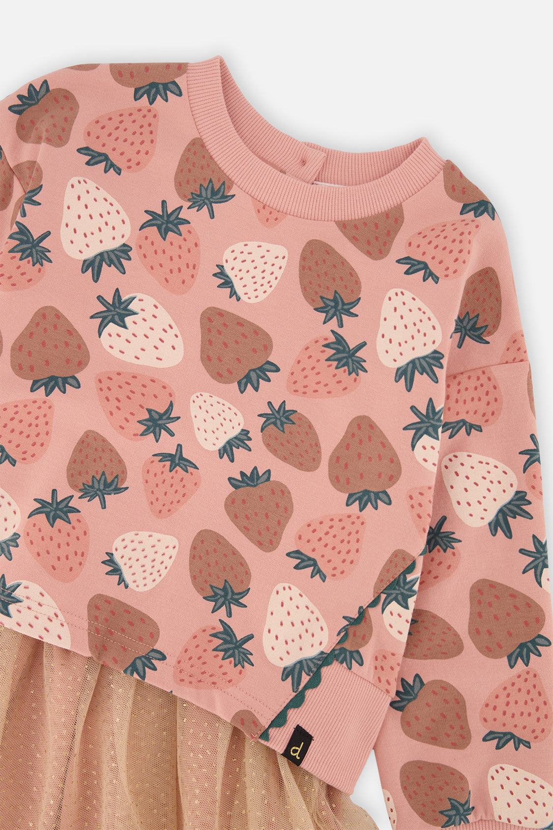 Close-up of the strawberry print French terry bodice and ribbed neckline on the pink dress