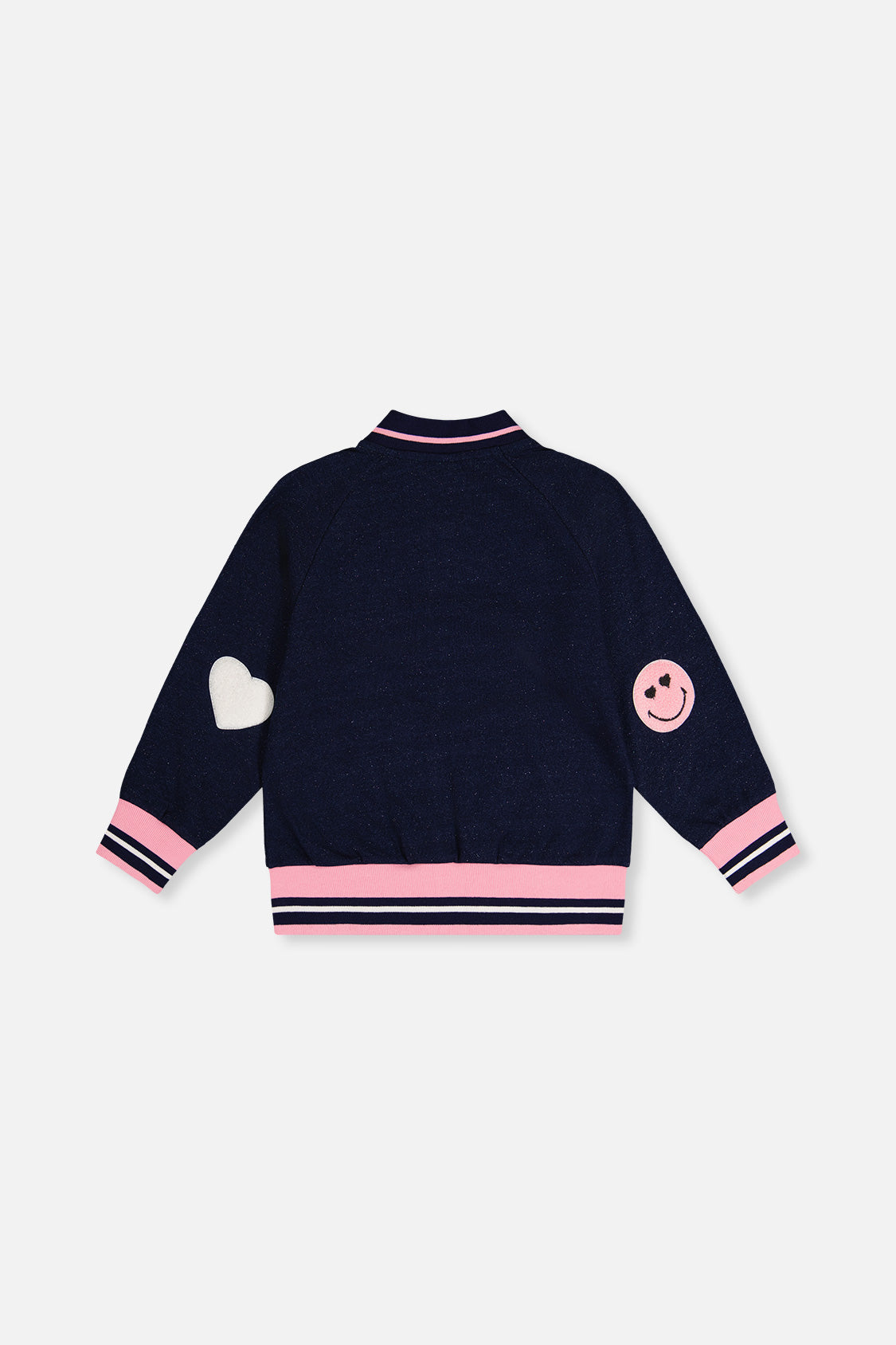 Deux par Deux girls' French terry bomber jacket in navy blue denim, back view