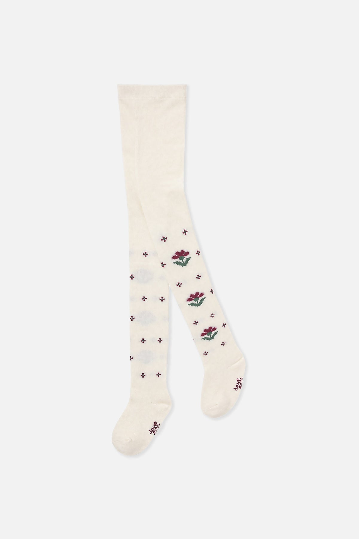 Cream knit tights with burgundy flowers and green stems, front view