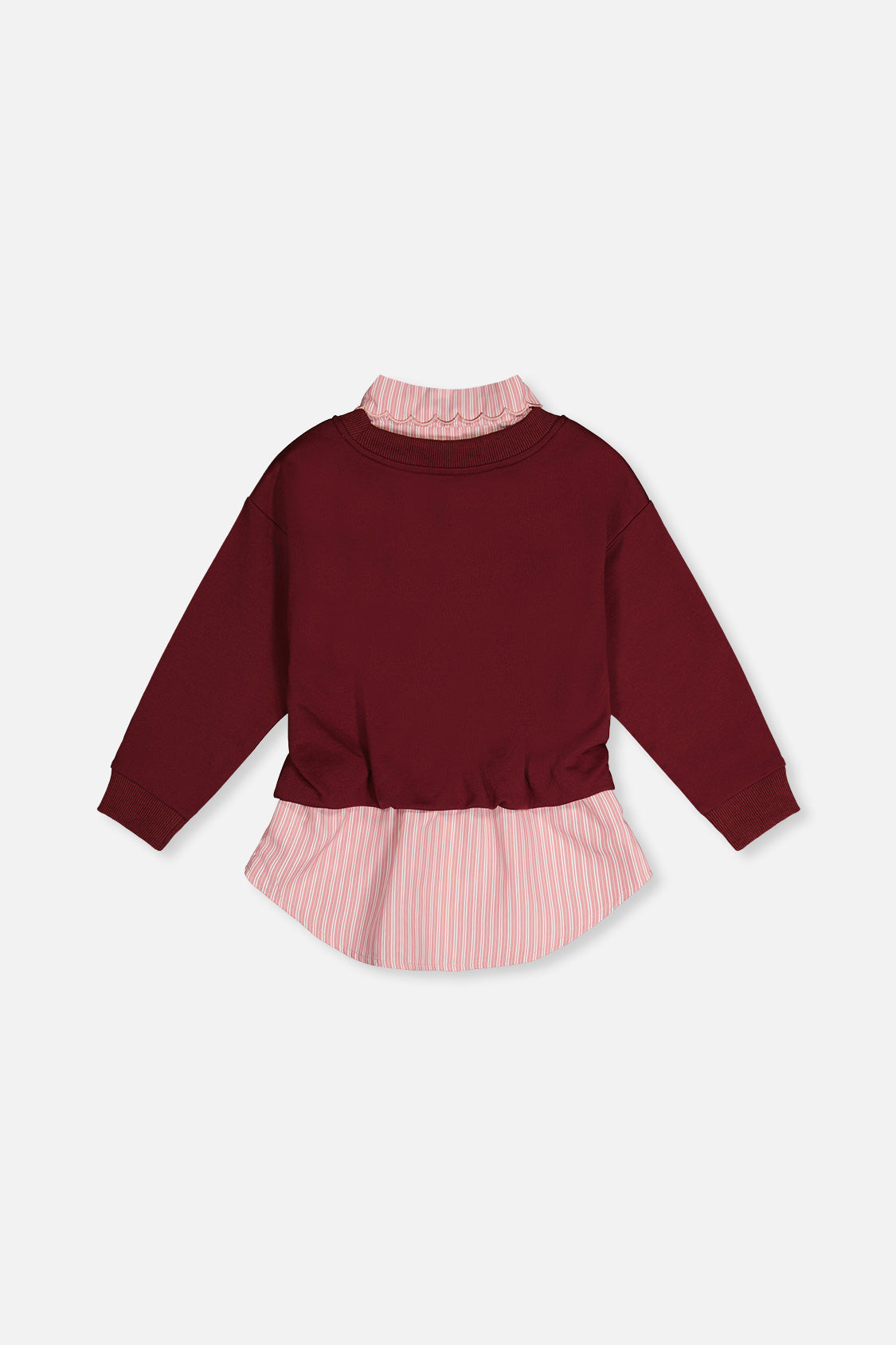 Deux par Deux burgundy girls fake two-layer pullover with the pink striped shirt hem, flat lay back view