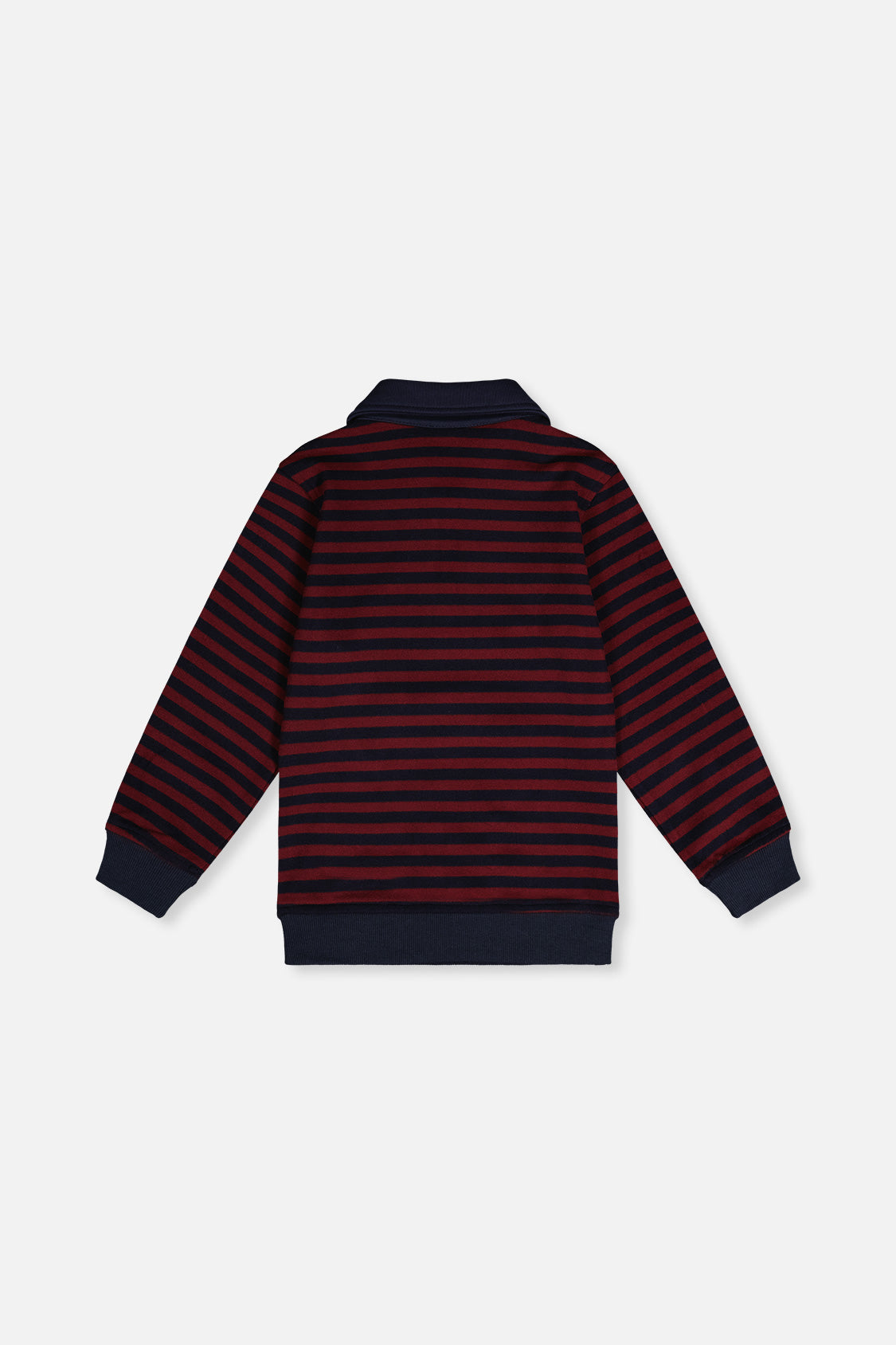 Back view of the red and blue striped top laid flat with navy cuffs and hem