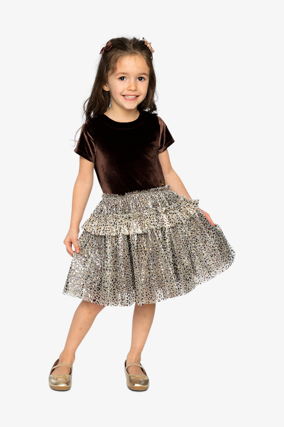 Bi-Material Short Sleeve Dress With Printed Mesh Skirt Dark Brown-1
