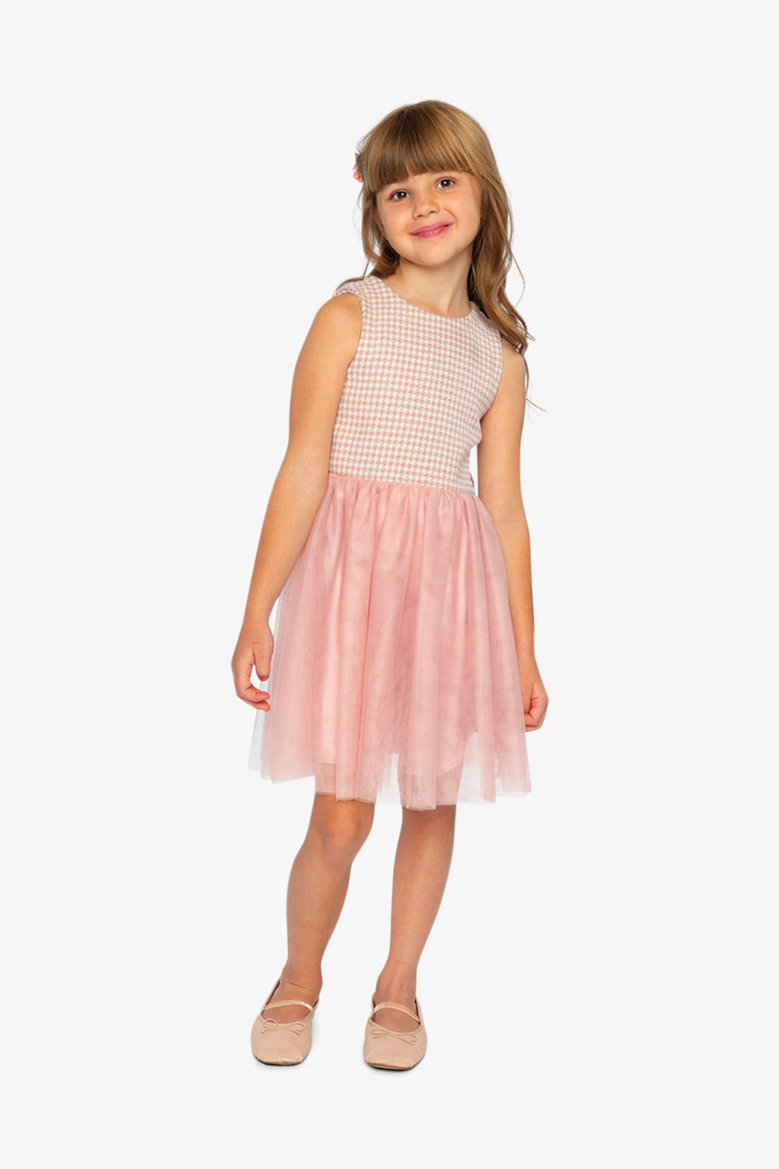 Bi-Material Sleeveless Dress Pink Houndstooth-2