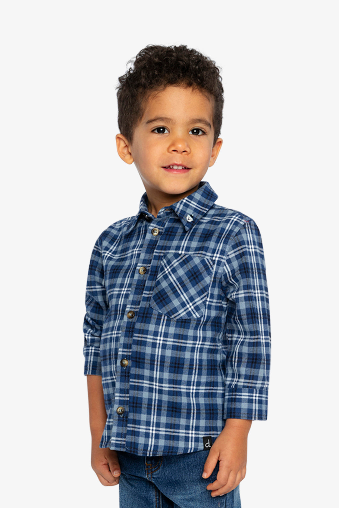 Child in the Deux par Deux blue and white plaid shirt, Nordic Buddies lookbook