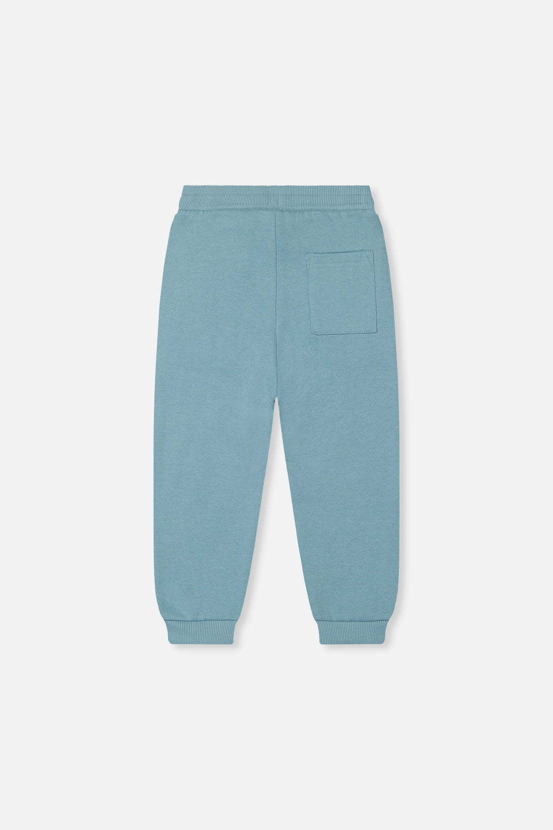 Deux par Deux pale turquoise fleece sweatpants, back view with a patch pocket and ribbed cuffs