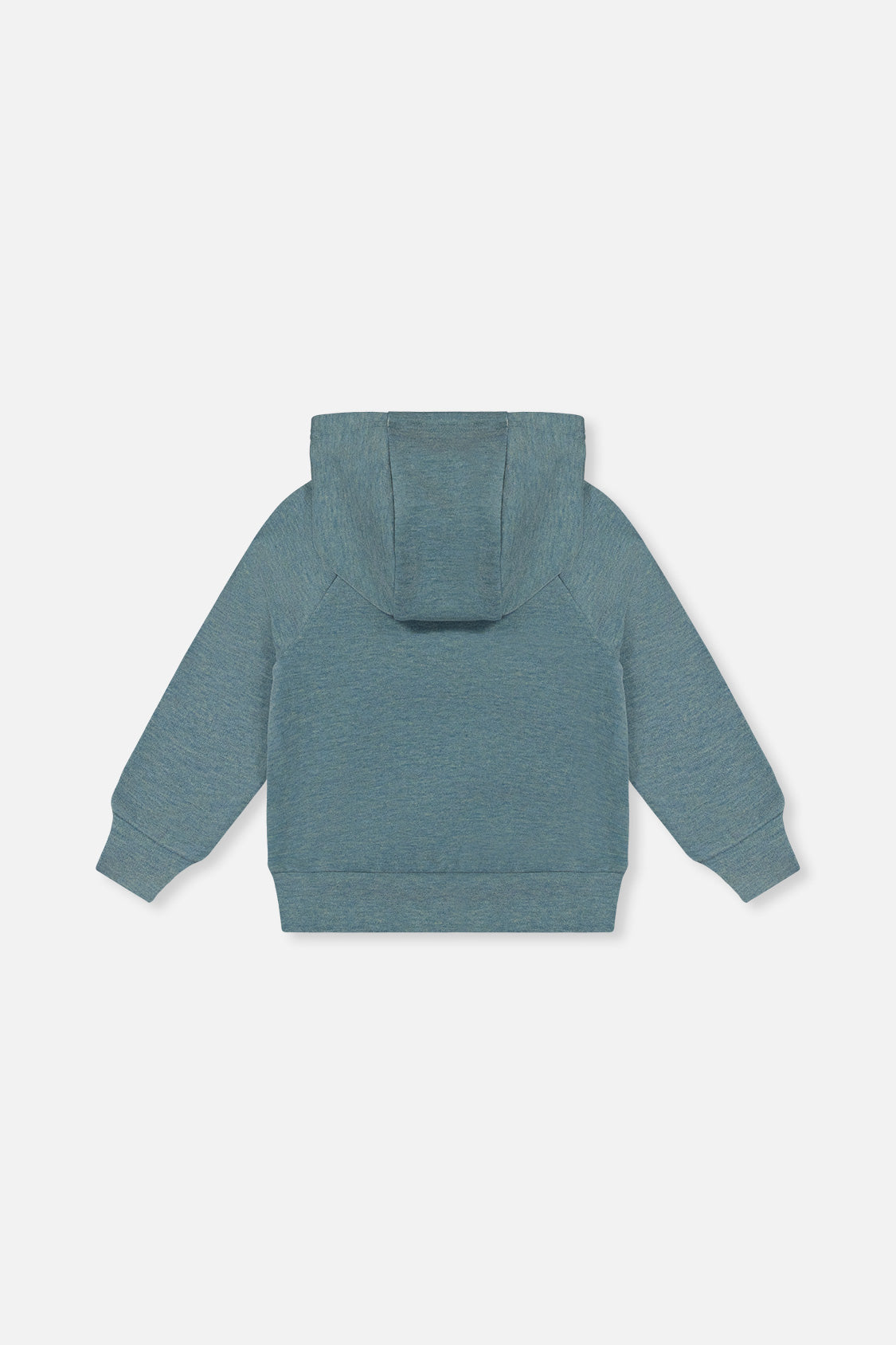 Deux par Deux heathered teal hoodie with ribbed cuffs and hem, flat lay back view