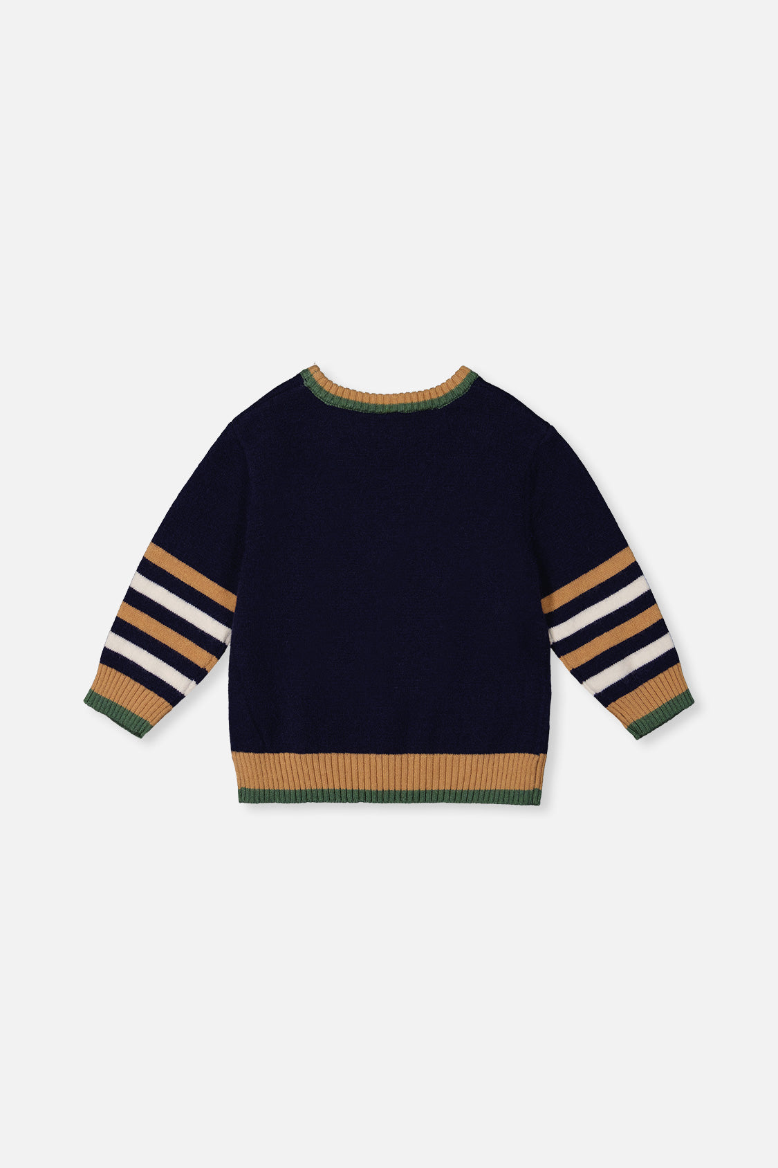 Back view of the Deux par Deux navy knit sweater with striped sleeves laid flat