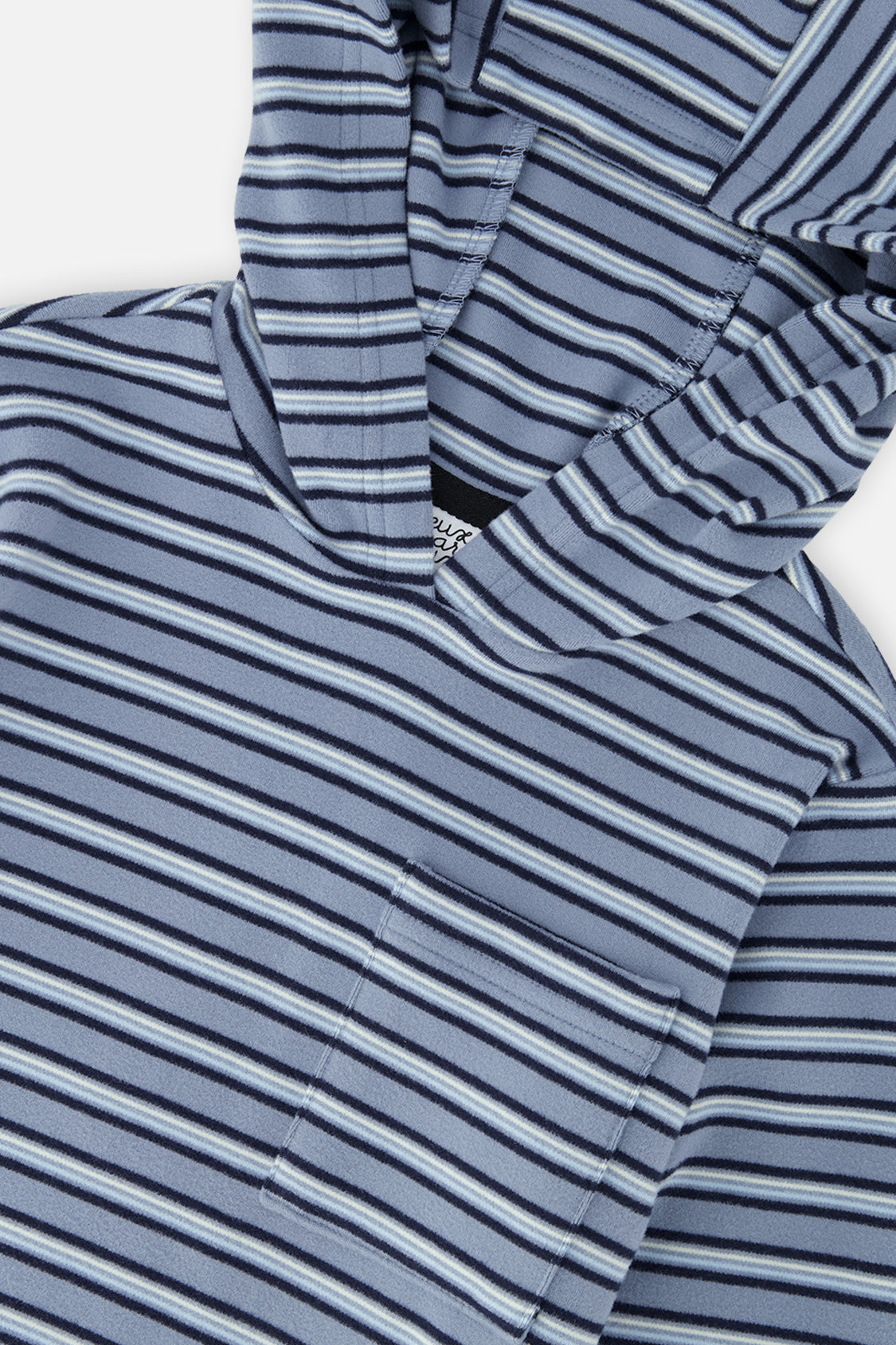 Close-up of the hood and chest pocket on the blue and white striped hooded T-shirt