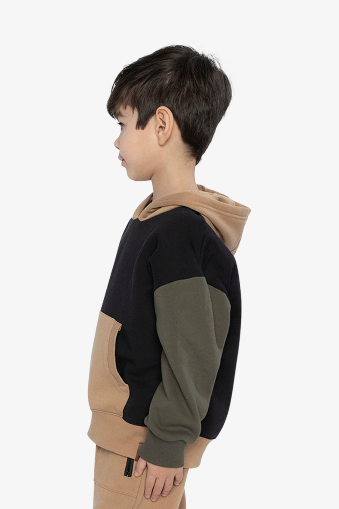 Hooded Colorblock Fleece Cardigan Black, Green And Beige-2