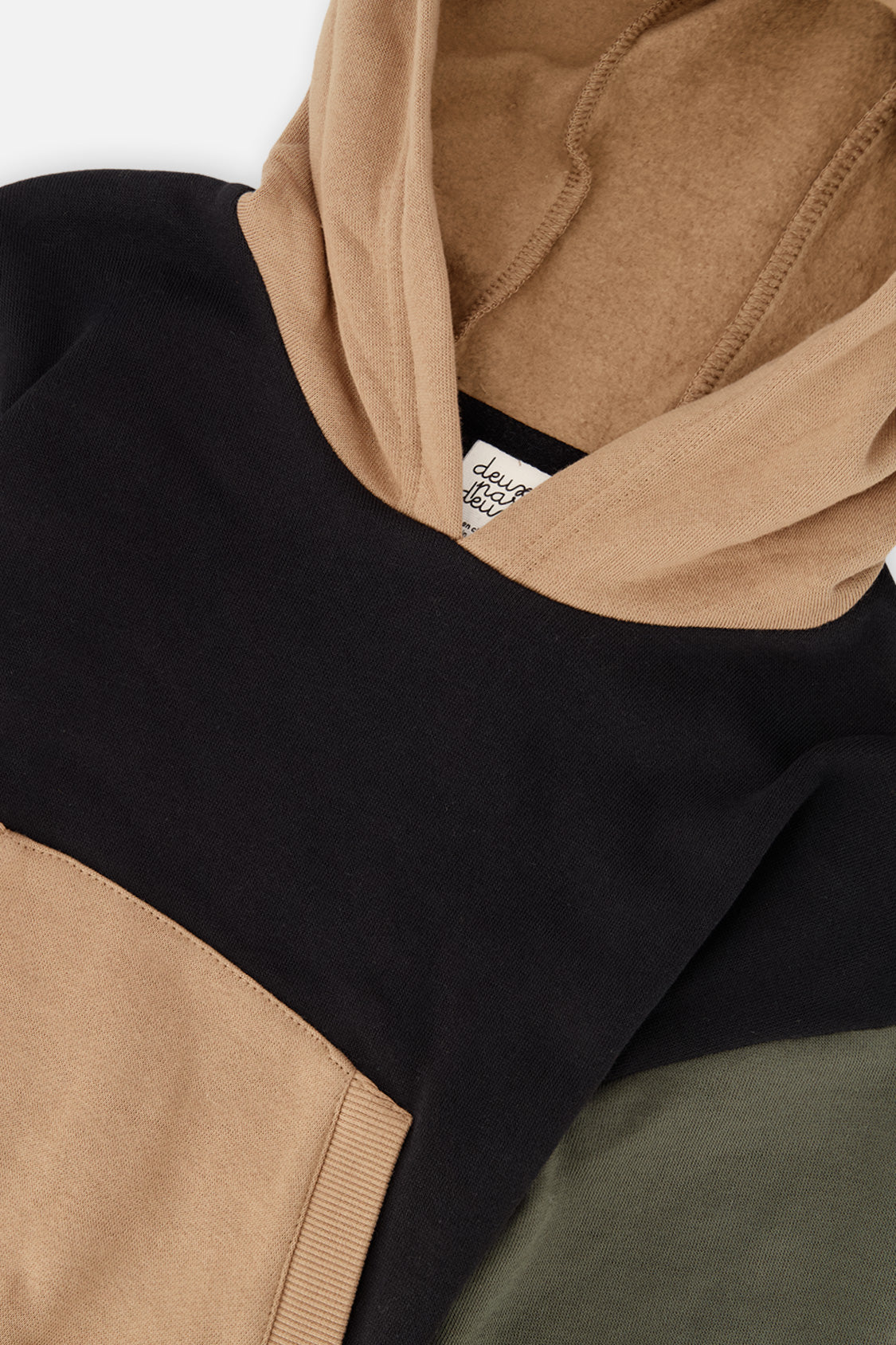 Deux par Deux Hooded Colorblock Fleece Cardigan Black, Green And Beige
