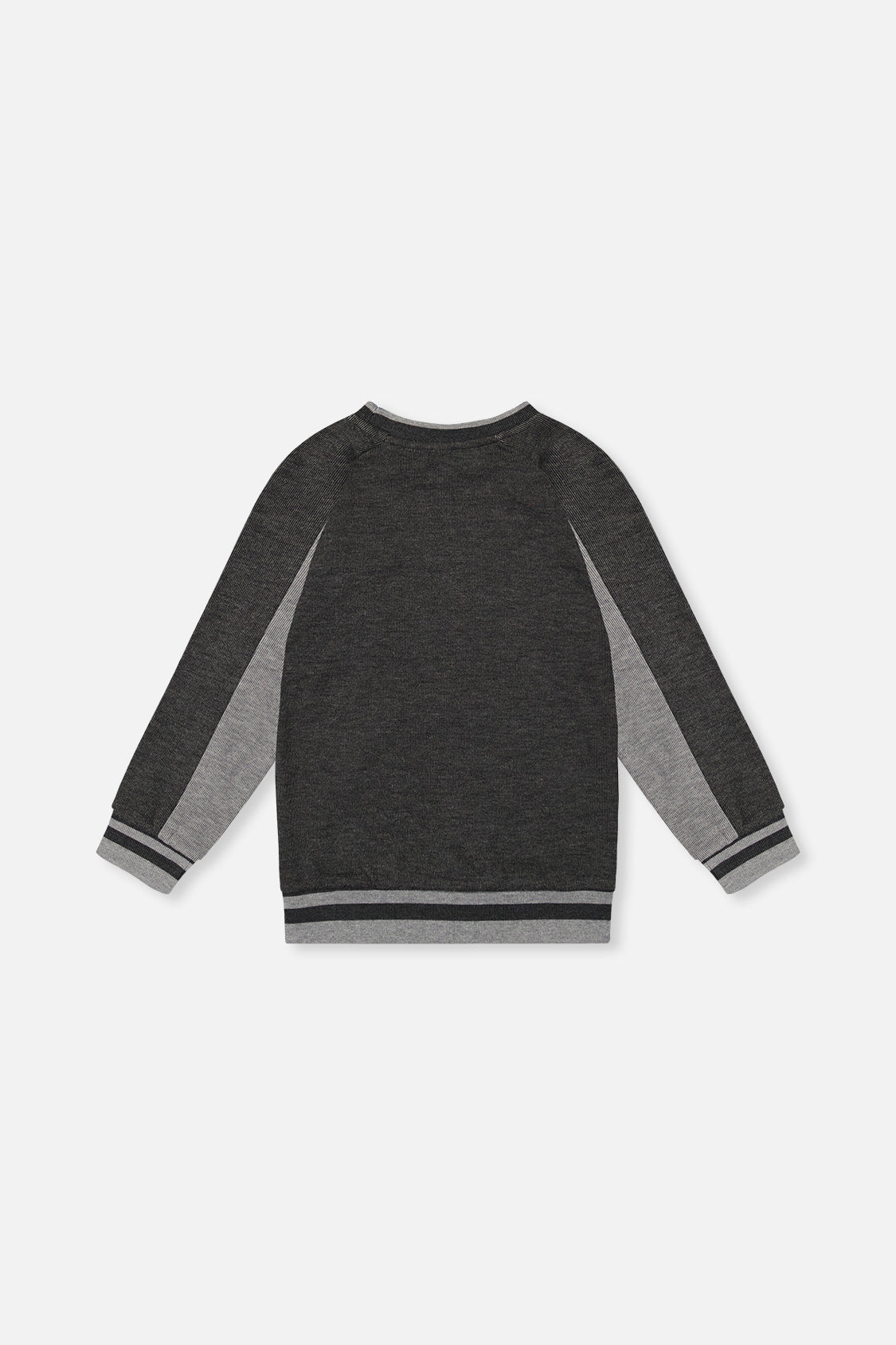 Deux par Deux charcoal gray ribbed pullover with light gray panels and striped trim, flat lay back view