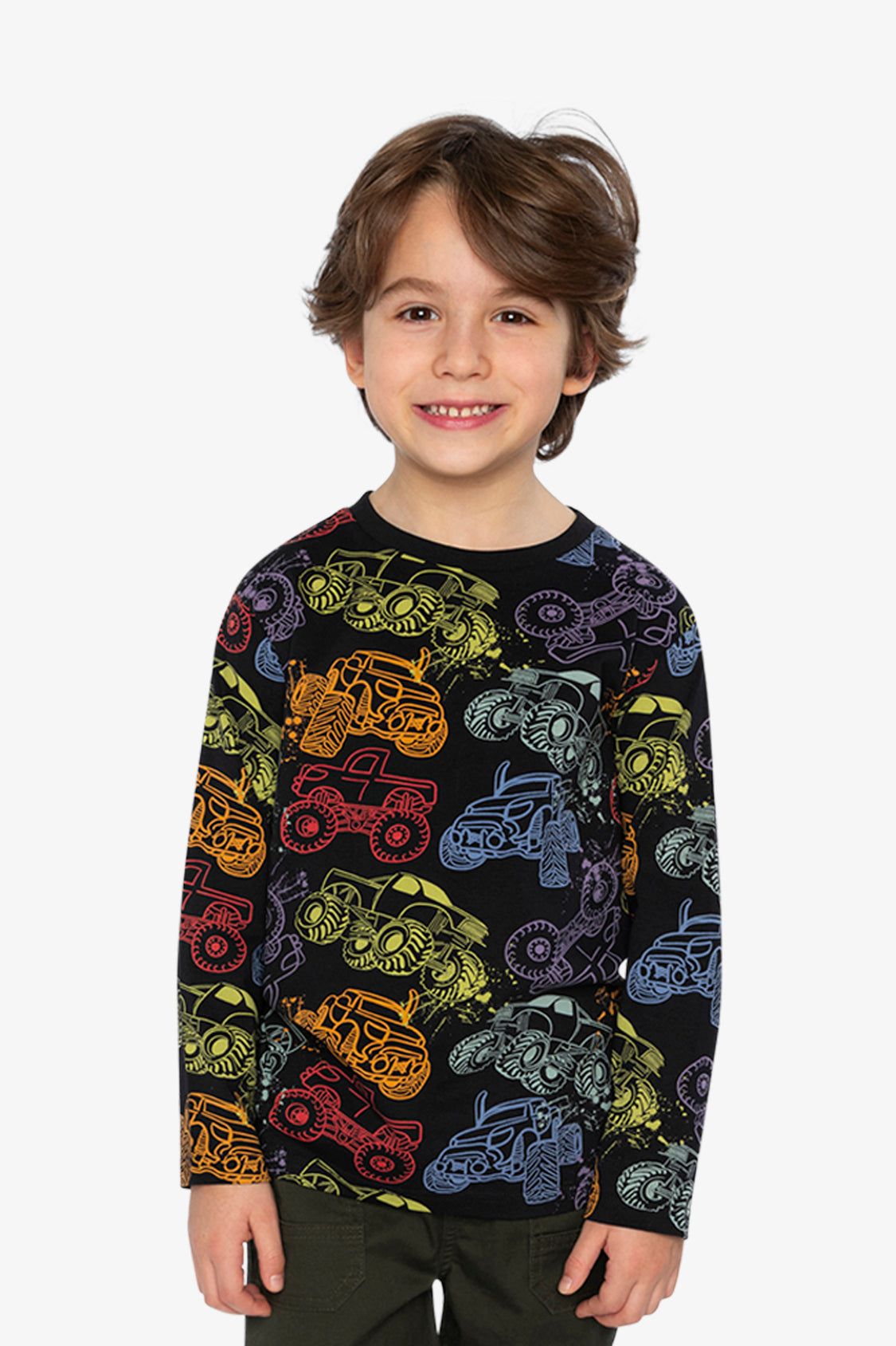 Organic Cotton Long Sleeve T-Shirt Black Monster Truck Print-1