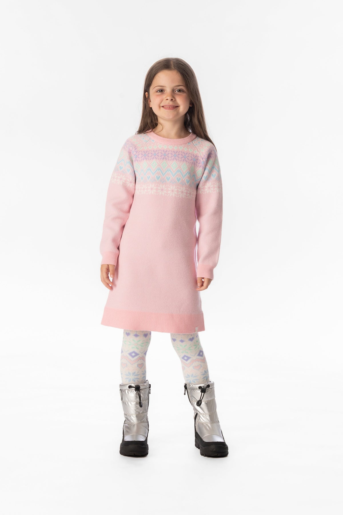 Child wearing the Deux par Deux light pink Fair Isle knit dress