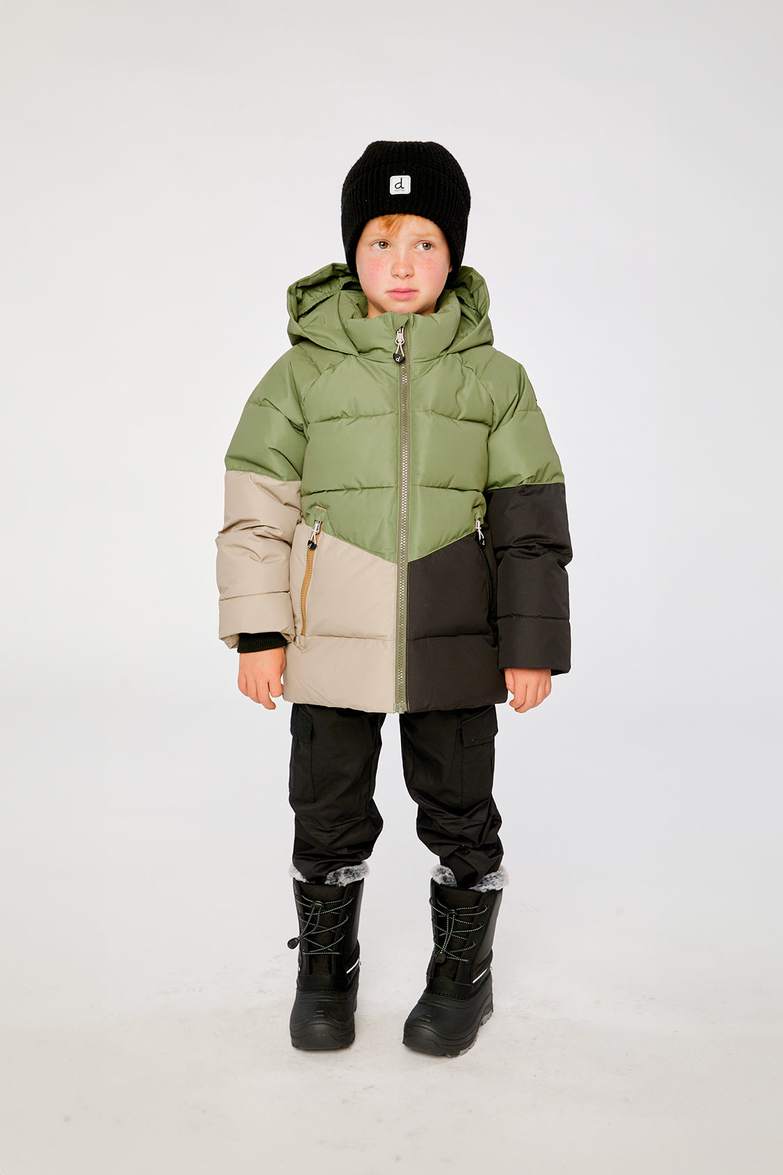 Child wearing the Deux par Deux olive green color-block winter jacket, view 1