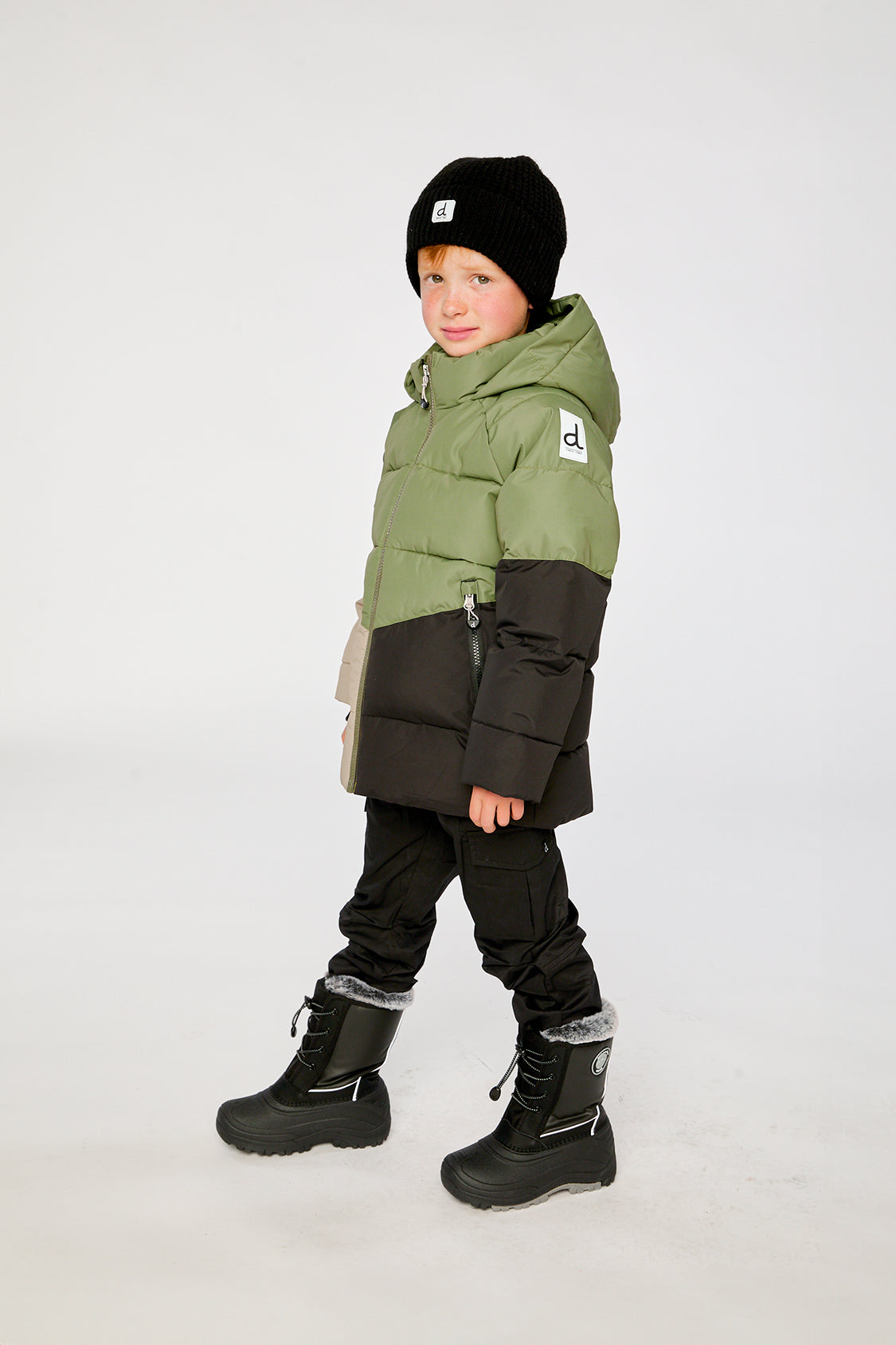Child wearing the Deux par Deux olive green color-block winter jacket, view 2