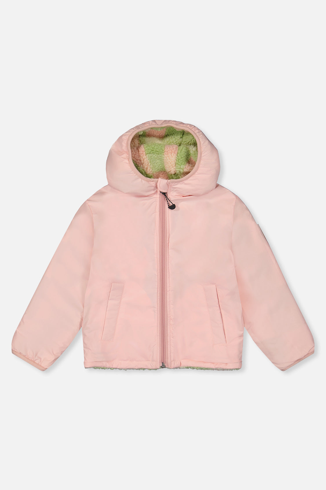 Pale dusty pink coated side of the reversible jacket, front view laid flat