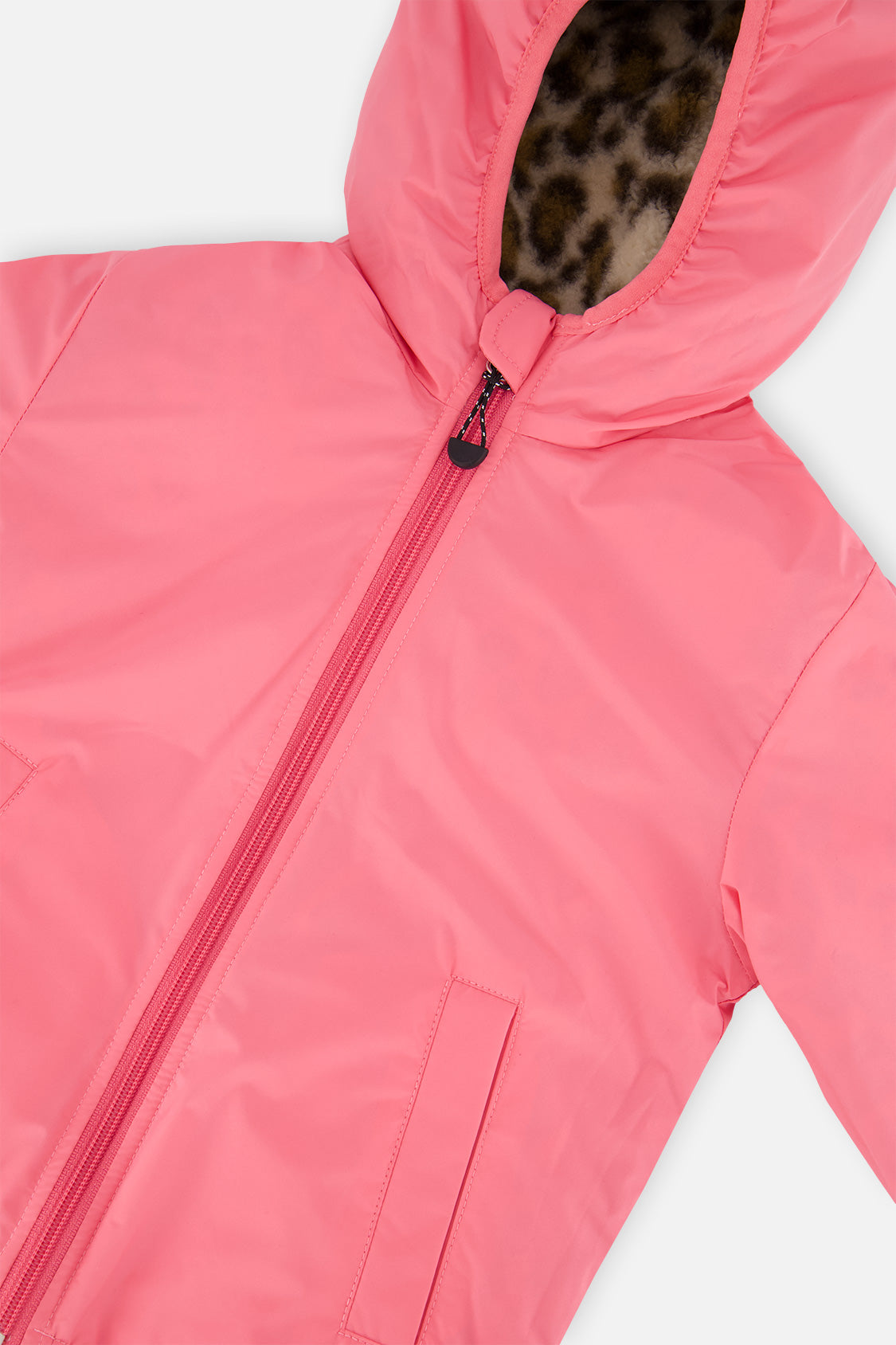 Close-up of the pink side hood with the leopard sherpa showing inside