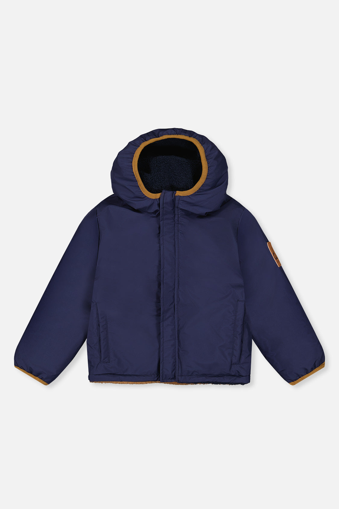 Smooth dark blue coated side of the reversible jacket laid flat, front view