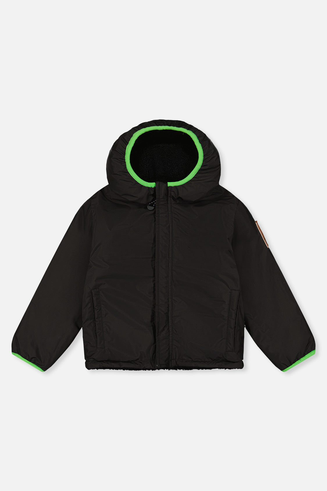 Black coated side of the reversible jacket, front view laid flat