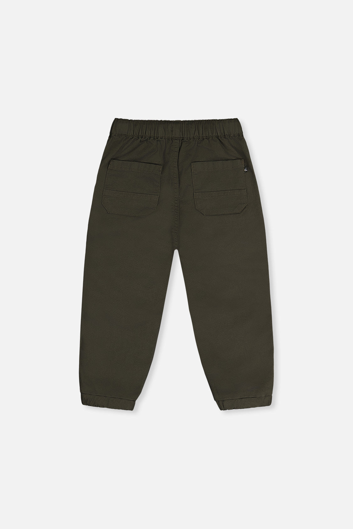 Back view of very dark green stretch canvas jogger pants with a back patch pocket, laid flat