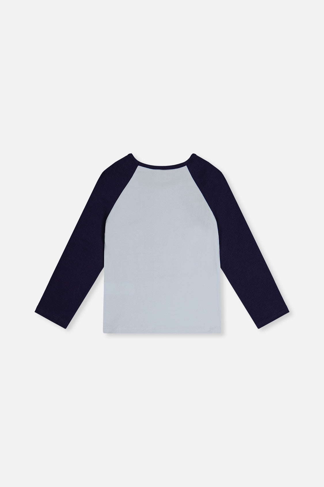 Pale blue raglan top with navy sleeves laid flat, back view